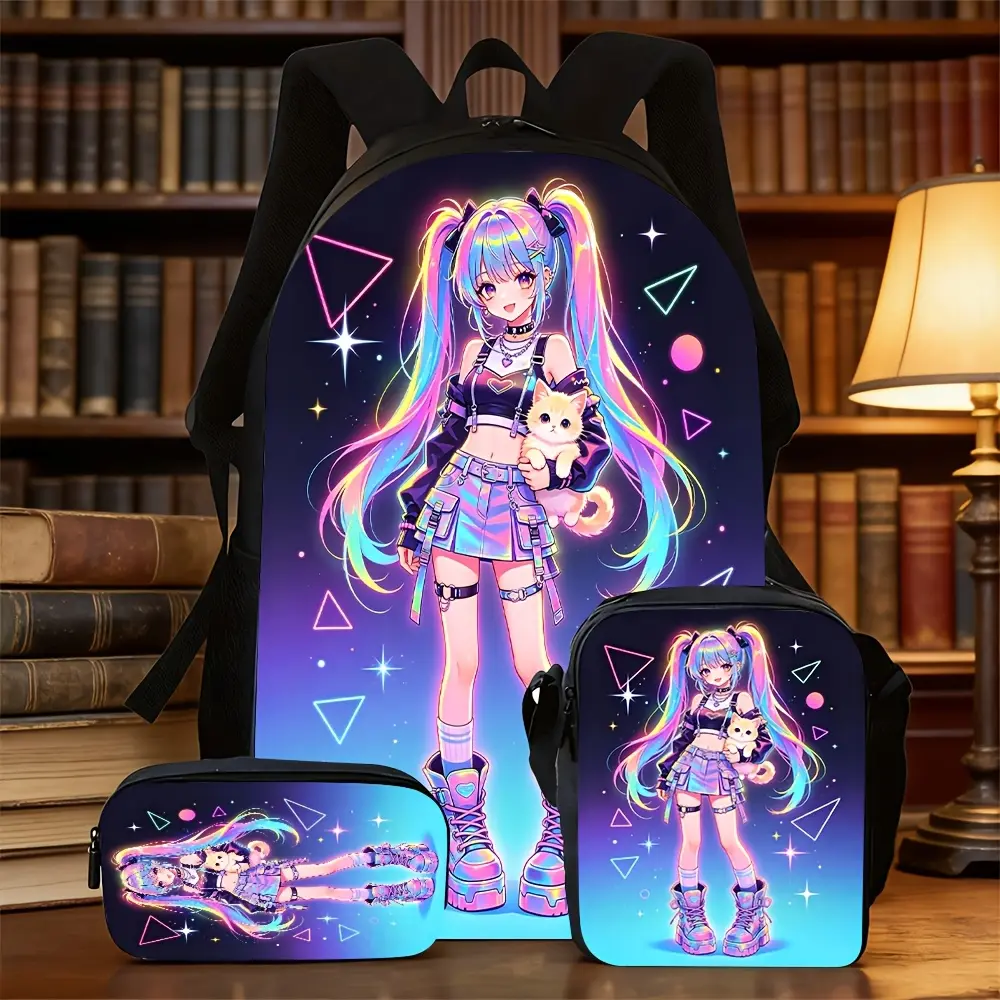 3-Piece Backpack Set – Trendy, cool cyberpunk style featuring a beautiful anime girl with a ponytail in a gradient print and stylish, cute cartoon character patterns. Suitable for casual, daily, and outdoor use. The set includes a backpack, pencil case, a