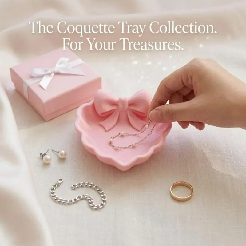1PC Heart-Shaped Jewelry Tray with Pink Bow, 3D Printed Coquette Trinket Dish for Rings, Earrings and Necklaces, Cute Jewelry Holder Organizer for Vanity, Bathroom Counter, Nightstand and Desk Decor