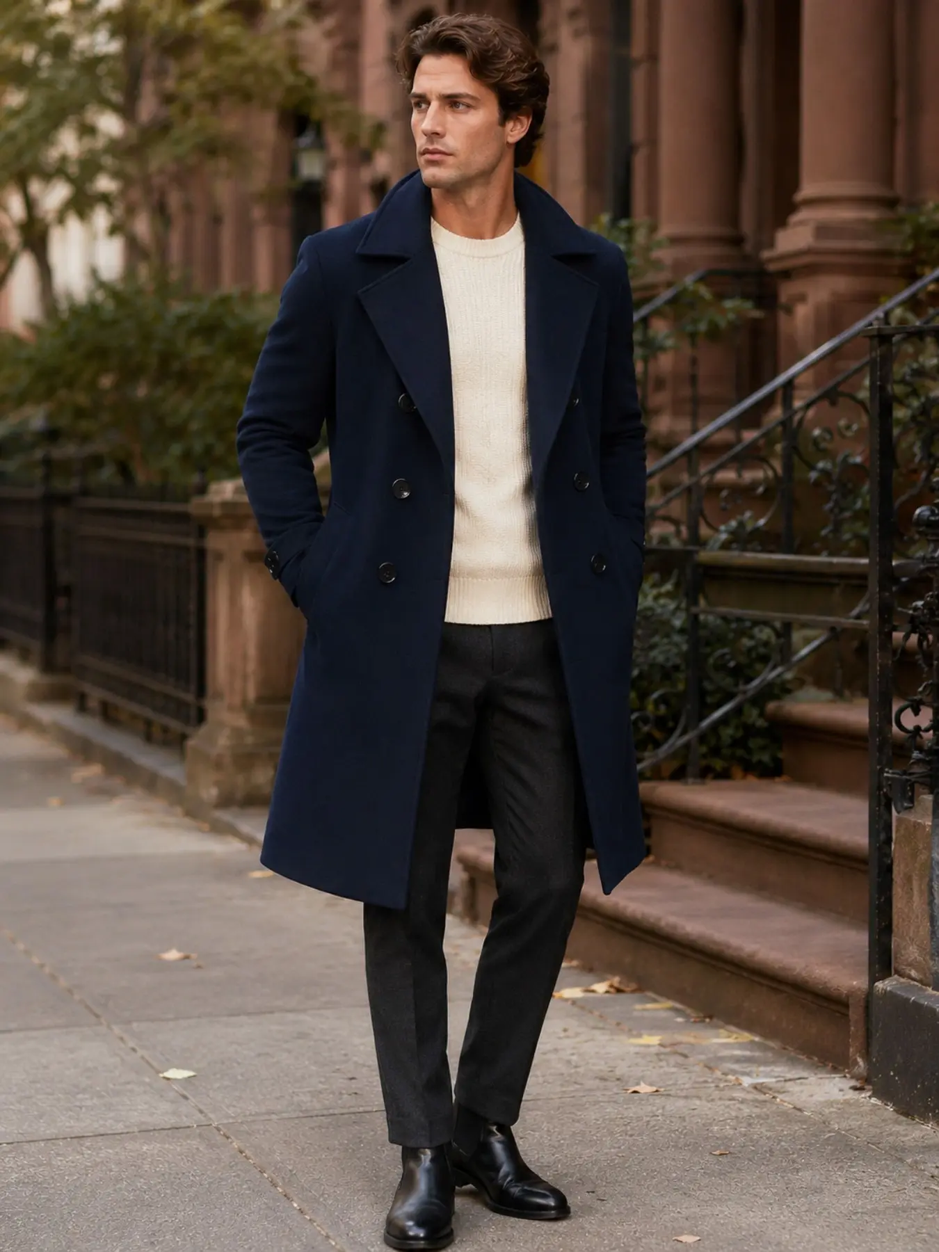 Men's Medium-Length Double-Breasted Wool Coat, Slim Fit Suit Jacket, European Size, Simple Design, Unlined, Casual Style