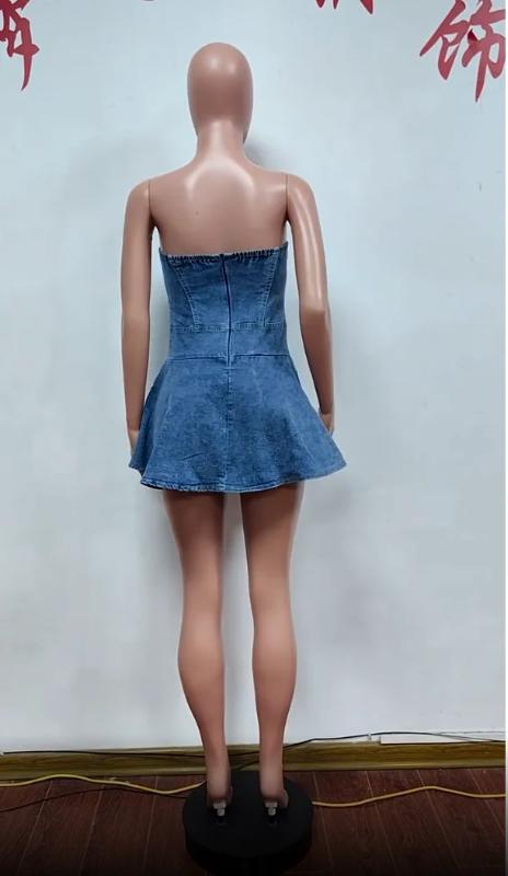 two-piece set woman Lovely Girl Jeans Mini Club Dress Sexy Lady Strapless  Elegant Black Denim Skater Party Dress - TikTok Shop