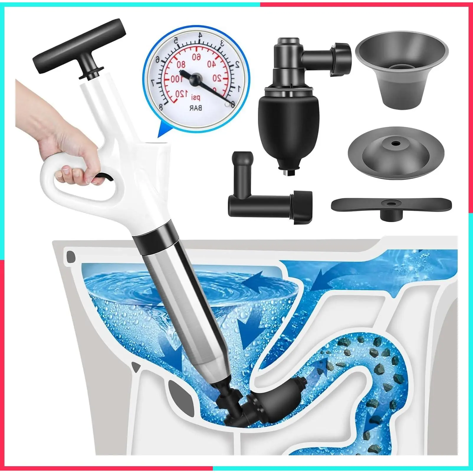 High Pressure Toilet Plunger, Air Drain Blaster Gun with Visual Barometer, Stainless Steel Plungers, Powerful Drain Clog Remover for Sink, Toilet, Floor Drain, Heavy Duty