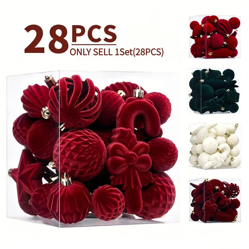 Velvet Ornaments for Christmas Tree Wine Red Flocked Christmas Ornaments Shatterproof Hanging Ball Set for Xmas Winter Holiday Decorations