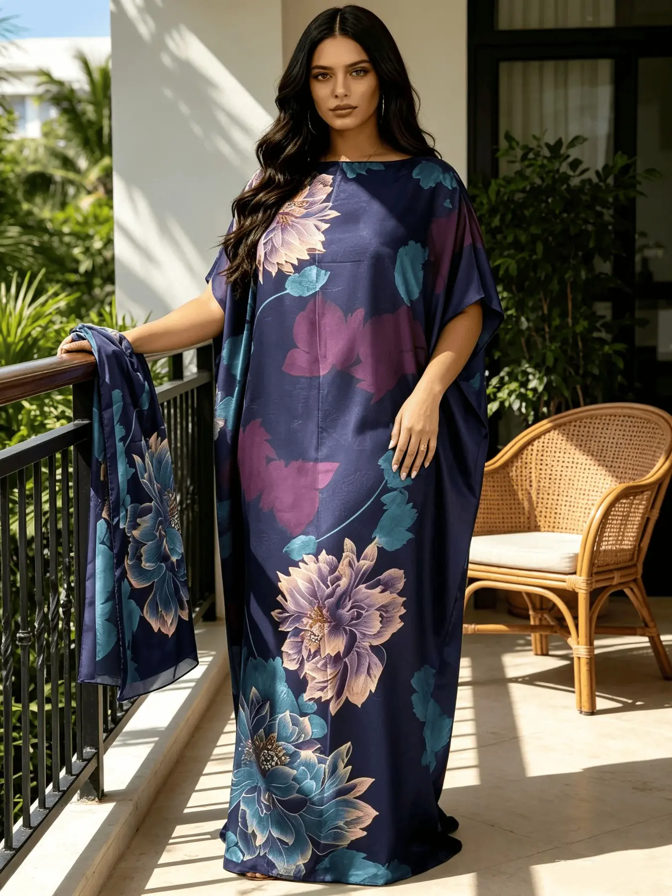 Plus Size Luxury Hot Fix Rhinestone Border Dark Tone Big Flower Print Kaftan Two Piece Set, Oversized Flowy Split Maxi Dress, Soft Light Glam Resort Wear Pool Gala Evening Party Outfit With Matching Printed Scarf For Women