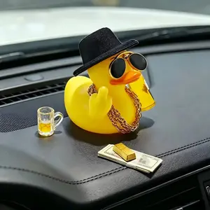 "Blinged-out" rubber duck ornament featuring a gold chain; the components are DIY-customizable. Suitable for car dashboards, desktops, or motorcycles—a perfect gift for car enthusiasts, "truck girls," and boyfriends.