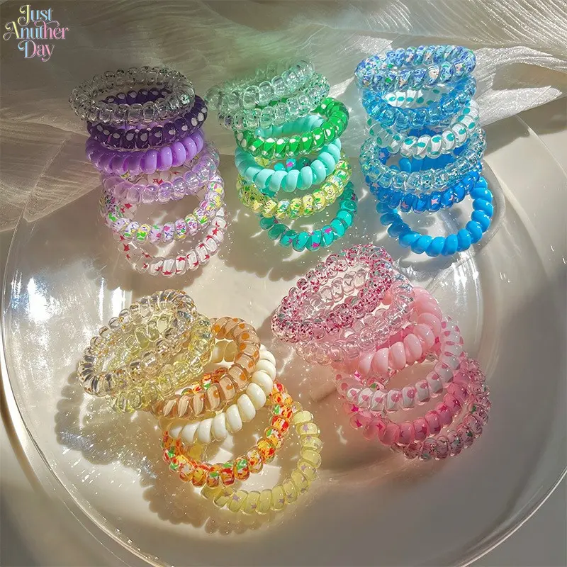 30Pcs Dopamine Candy Color Spiral Telephone Hair Ties High Elastic Glitter Transparent Coil Hair Bands Cute Minimalist Ponytail Rubber Bands Women Girls Summer Daily Beach Travel Fashion Hair Accessories Bulk