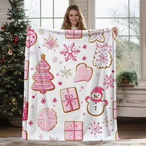 1Pc Christmas Holiday Themed Throw Blanket Soft Cozy Winter Fleece Decor With Snowman And Gift Designs