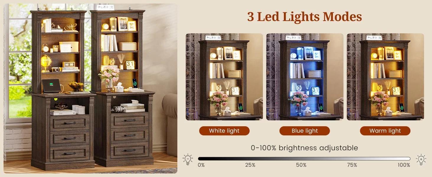 61 Inches Tall Nightstand with Charging Station and LED Light Walnut