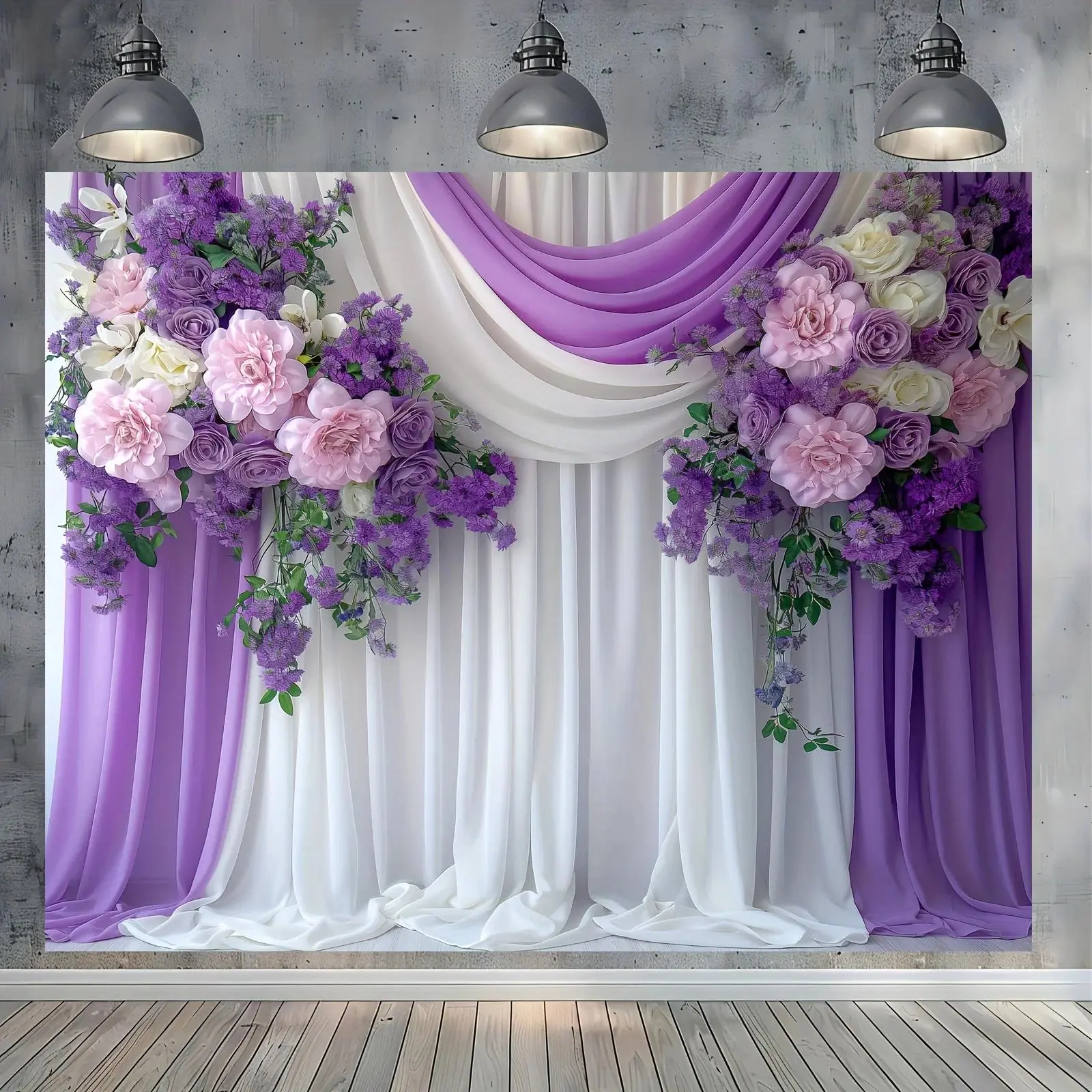 Elegant Purple White Flower Wedding Backdrop Background Cloth, Rural Style Floral Tapestry Wall Hanging Photography Background Premium Polyester Fabric, Bridal Shower Decor, Wedding Ceremony Setup, Photo Studio Background, Event Decoration