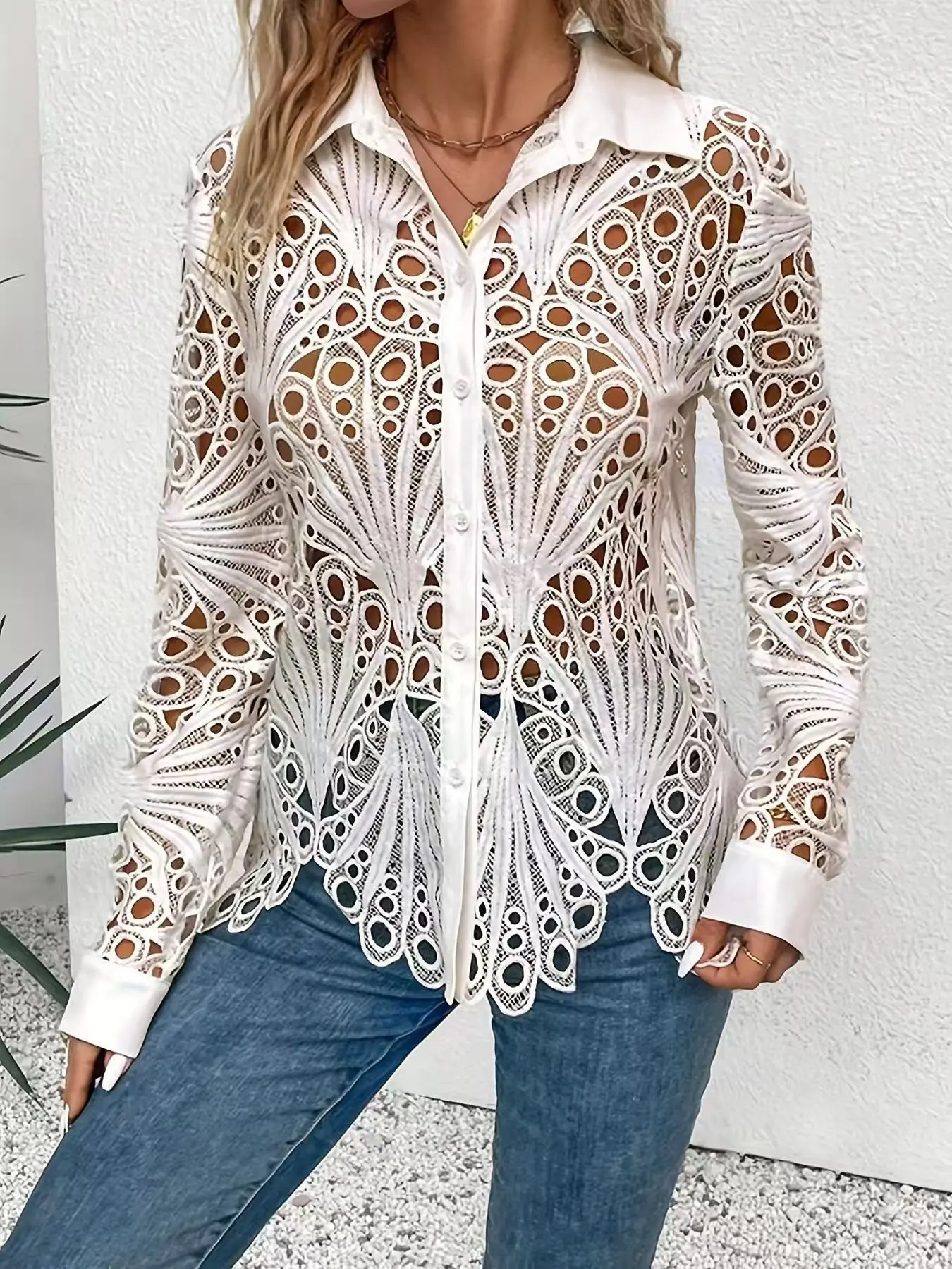 Lace Insert Lantern Sleeve Top, Long Sleeve Summer Casual Lace Shirt, Sexy Party Resort Wear, Women's Fashion T-Shirt