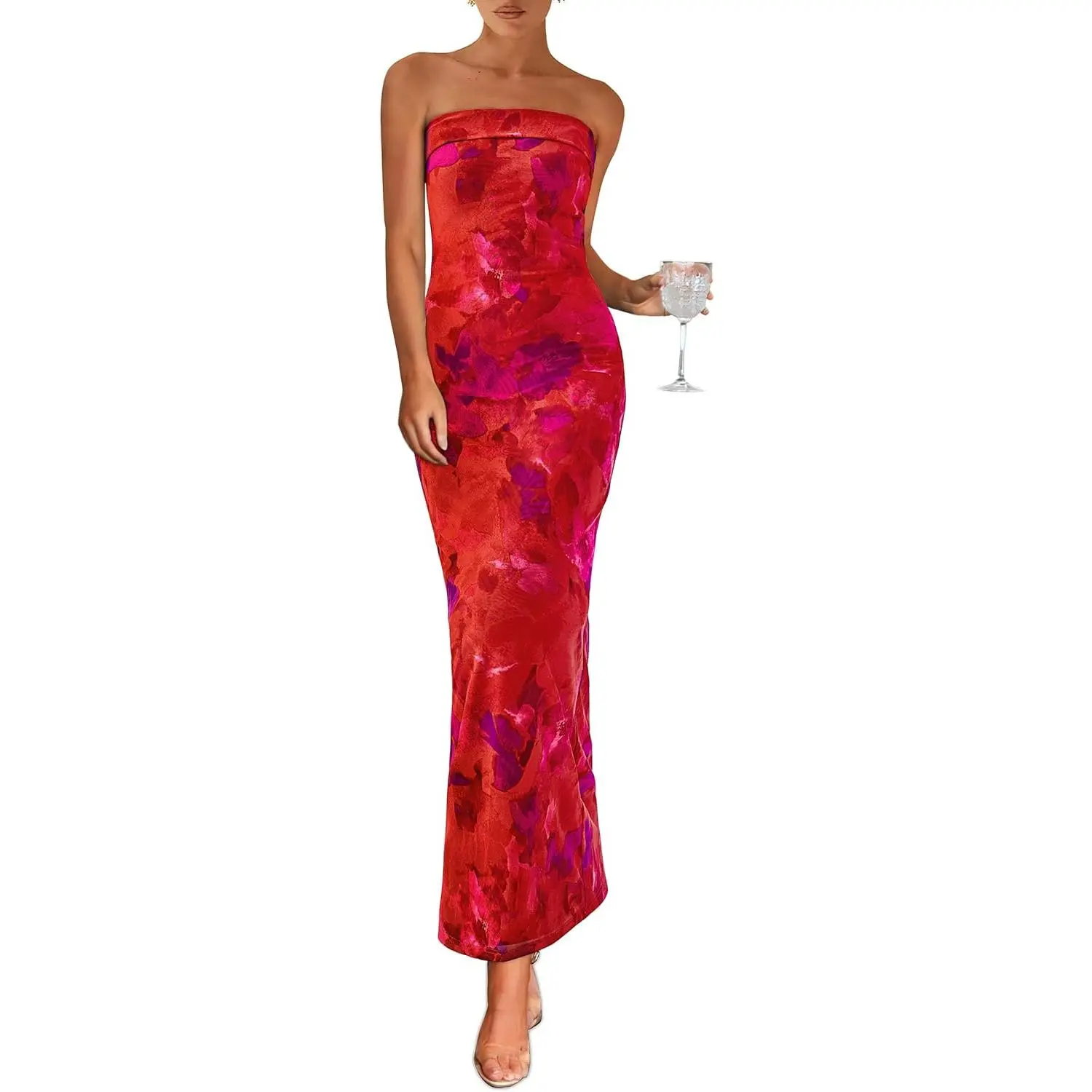 Women's Strapless Printed Maxi Dress - Beach Ready, Skinny Cut, Slim, Sleeveless Bodycon Tube Gown for Beach Vacation & Cocktail Parties