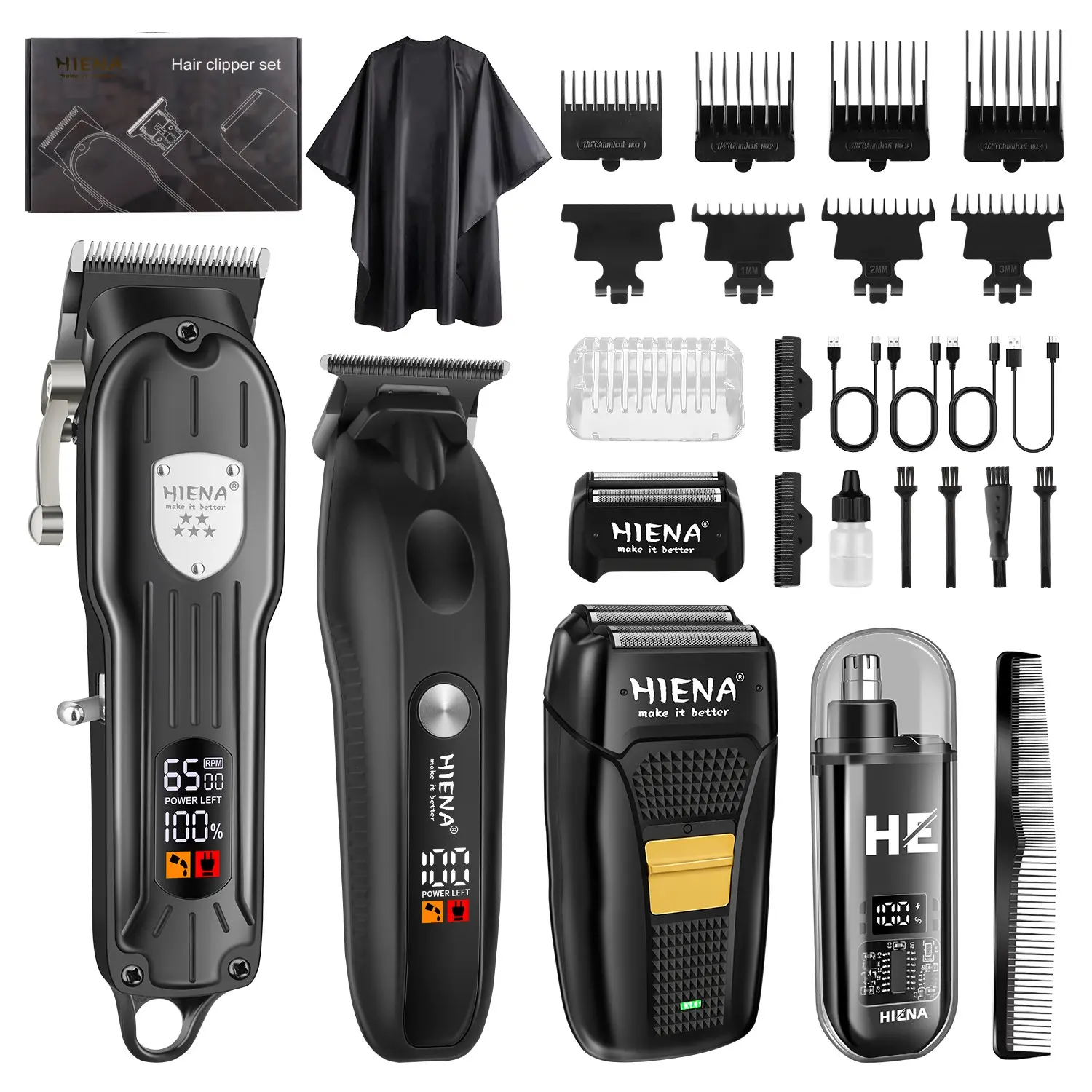 Professional Haircut Digital Display Four-Piece Cordless Clippers Set: Multifunctional LED digital hair clipper, LED professional beard trimmer, and cordless razor paired with a nose hair trimmer, multiple style limit combs, cape, and comb
