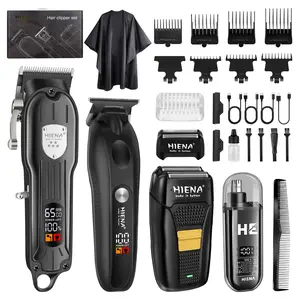 Professional Haircut Digital Display Four-Piece Set: Multifunctional LED digital hair clipper, LED professional beard trimmer, and cordless razor paired with a nose hair trimmer, multiple style limit combs, cape, and comb
