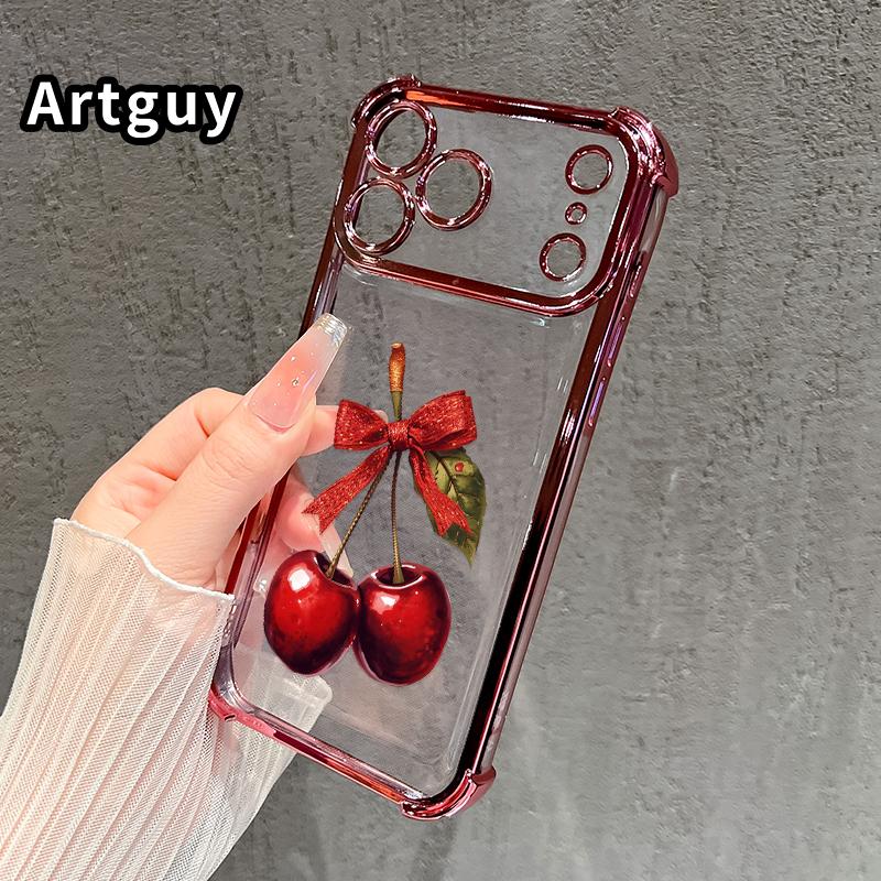 Compatible with iPhone 17 16 Pro Max 15 Plus 14 13 12 11 E Air Phone Case Cherry with Bow Pattern Transparent Full Coverage Four Corners Anti-drop Casing