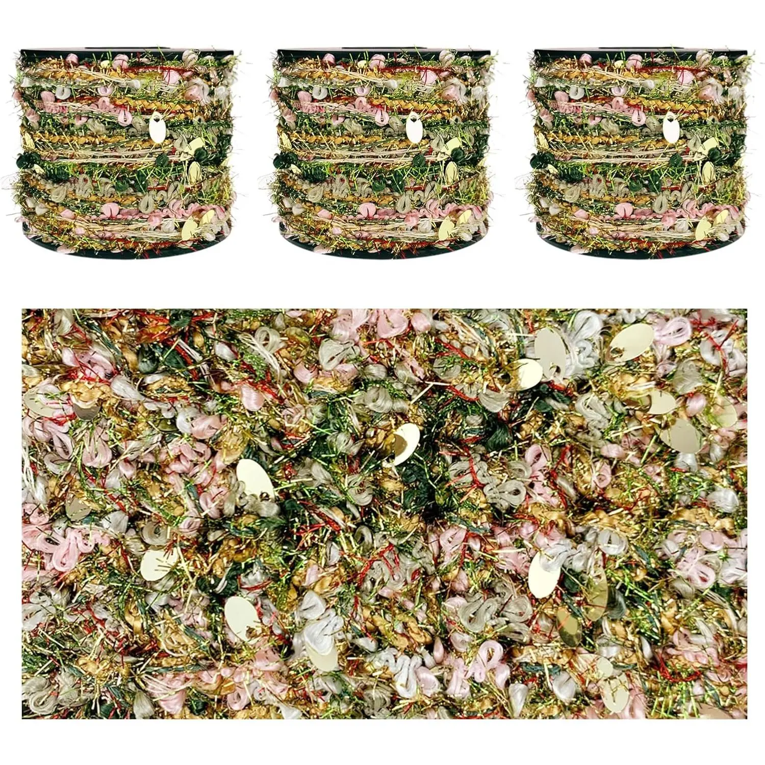 Artisanal Yarn Collection Multifiber Fancy Yarn with Sequins for Knitting Crocheting Crafts DIY, Set of 3 Rolls (Christmas Green & )