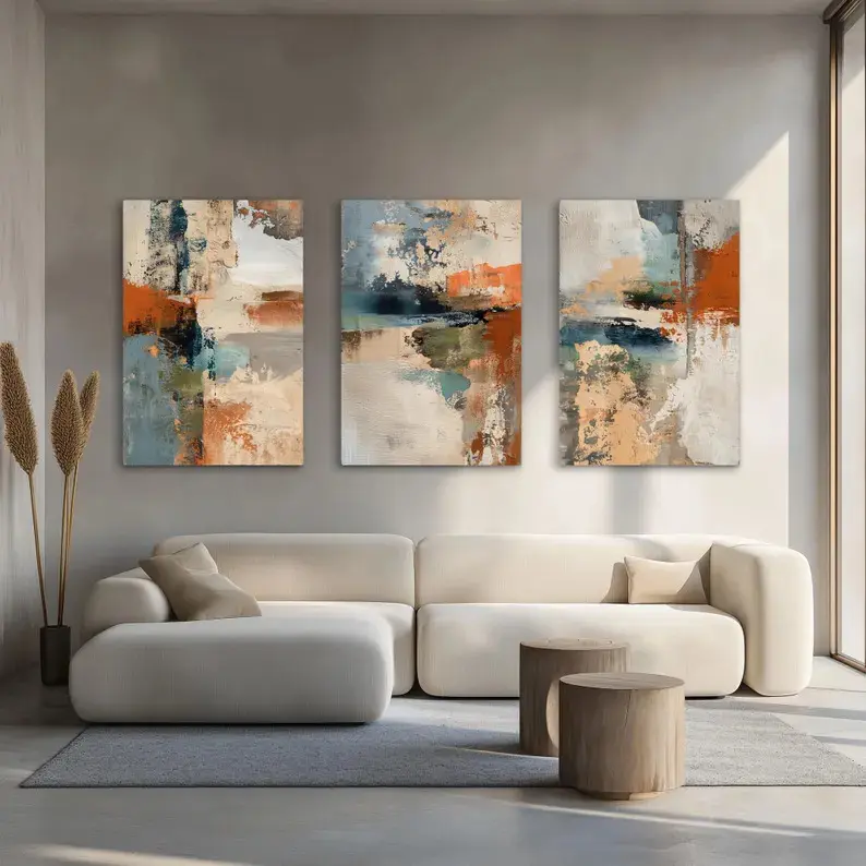 Vintage Abstract Colorful Triptych Canvas Painting - Houndstooth, Marble, Plaid Artistic Wall Decor, Luxury Indoor Gift for Thanksgiving, Father's Day, Bedroom Home Office Posters & Prints