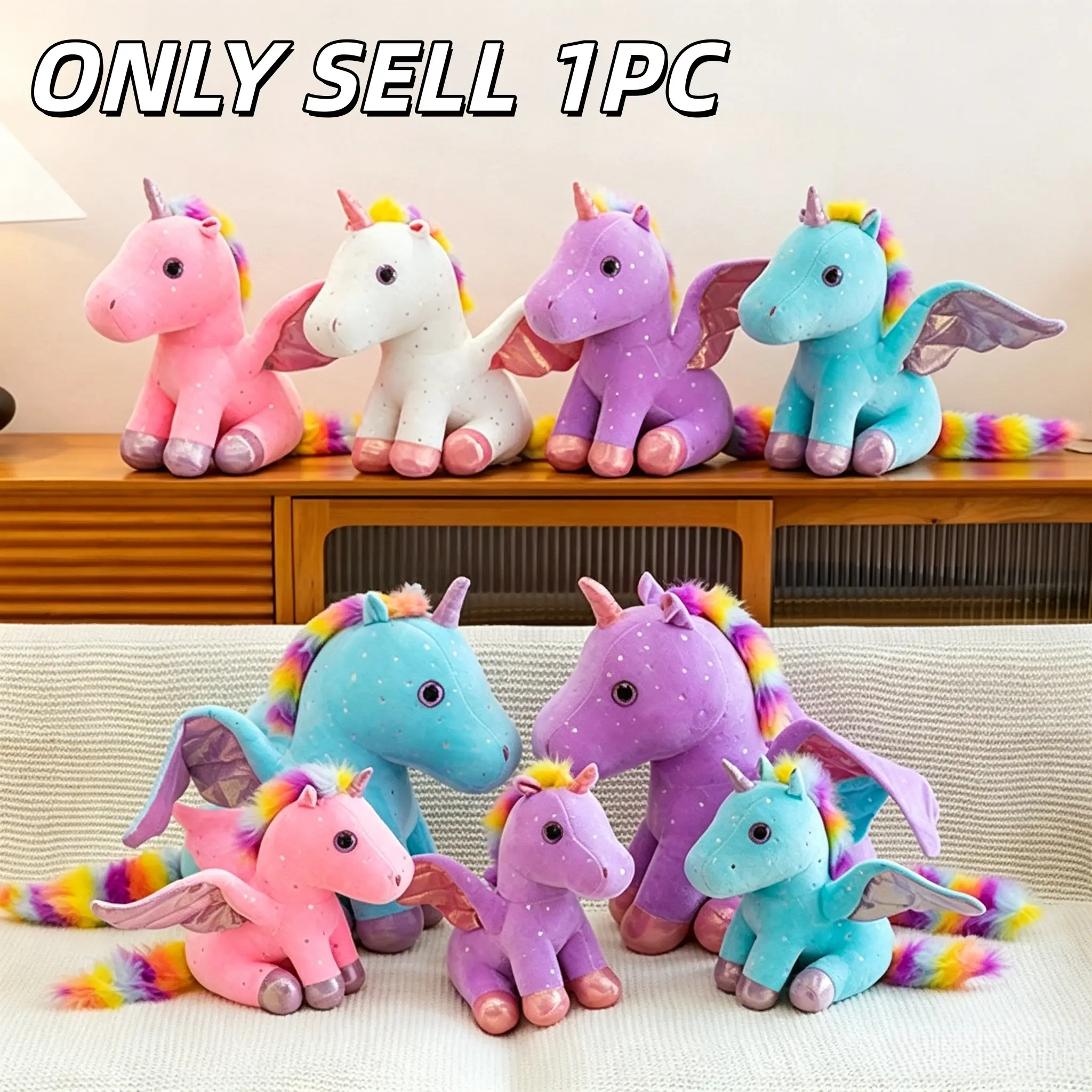 1pc Colorful glitter unicorn plush doll, rainbow wing angel unicorn stuffed toy, creative little pony plushie, cute gift for boys and girls, Cuddly Doll Gift