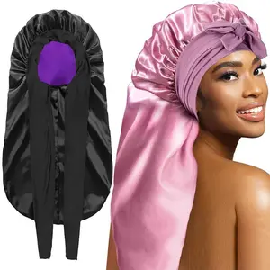 Main Character Energy Long Satin Bonnet with Tie Ribbon | extra large silk night sleep cap braids locs dreadlocks protective headwear adjustable long tail hair wrap beauty accessory