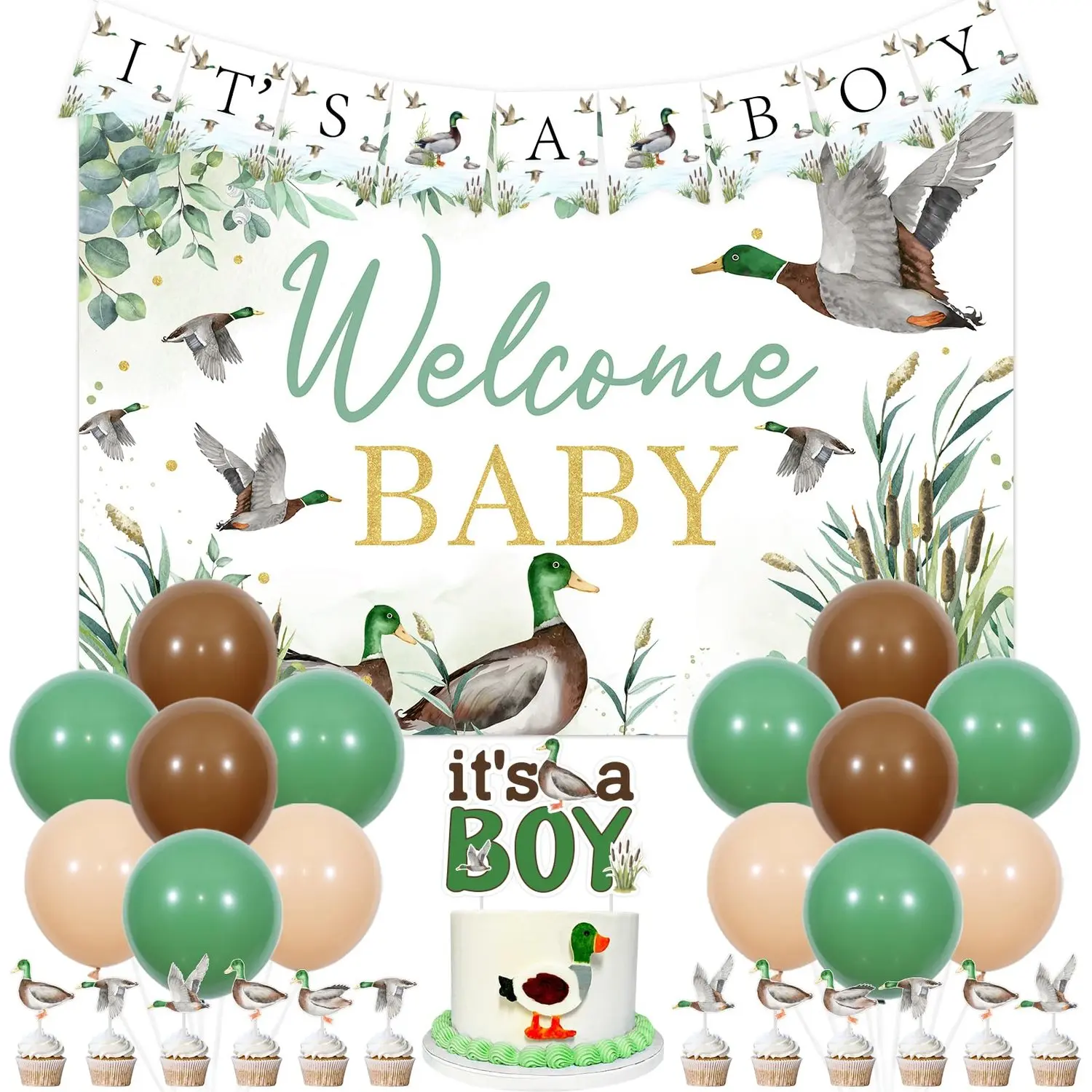 1Set Multicoloured Durable Mallard Duck Baby Shower Decorations for Boys, 3.28*4.92ft It's A Boy Welcome Backdrop, Animal Duck Hunting Theme Supplies with Photo Banner, Garland, Cake & Cupcake Toppers
