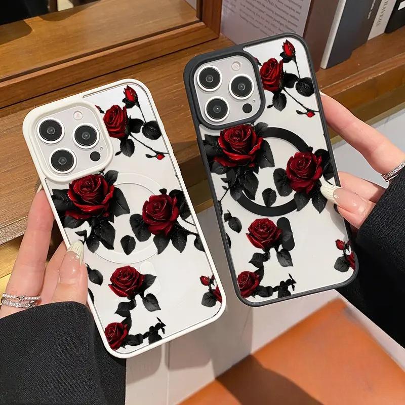 Elegant Red Roses Pattern Magnetic Phone Case Shockproof Non Slip Protection TPU Transparent Acrylic Cover Cellphone Protective   Supports Wireless Charging Smartphone for iPhone 17 15 16 14 Pro Max 13 12 Air Plus