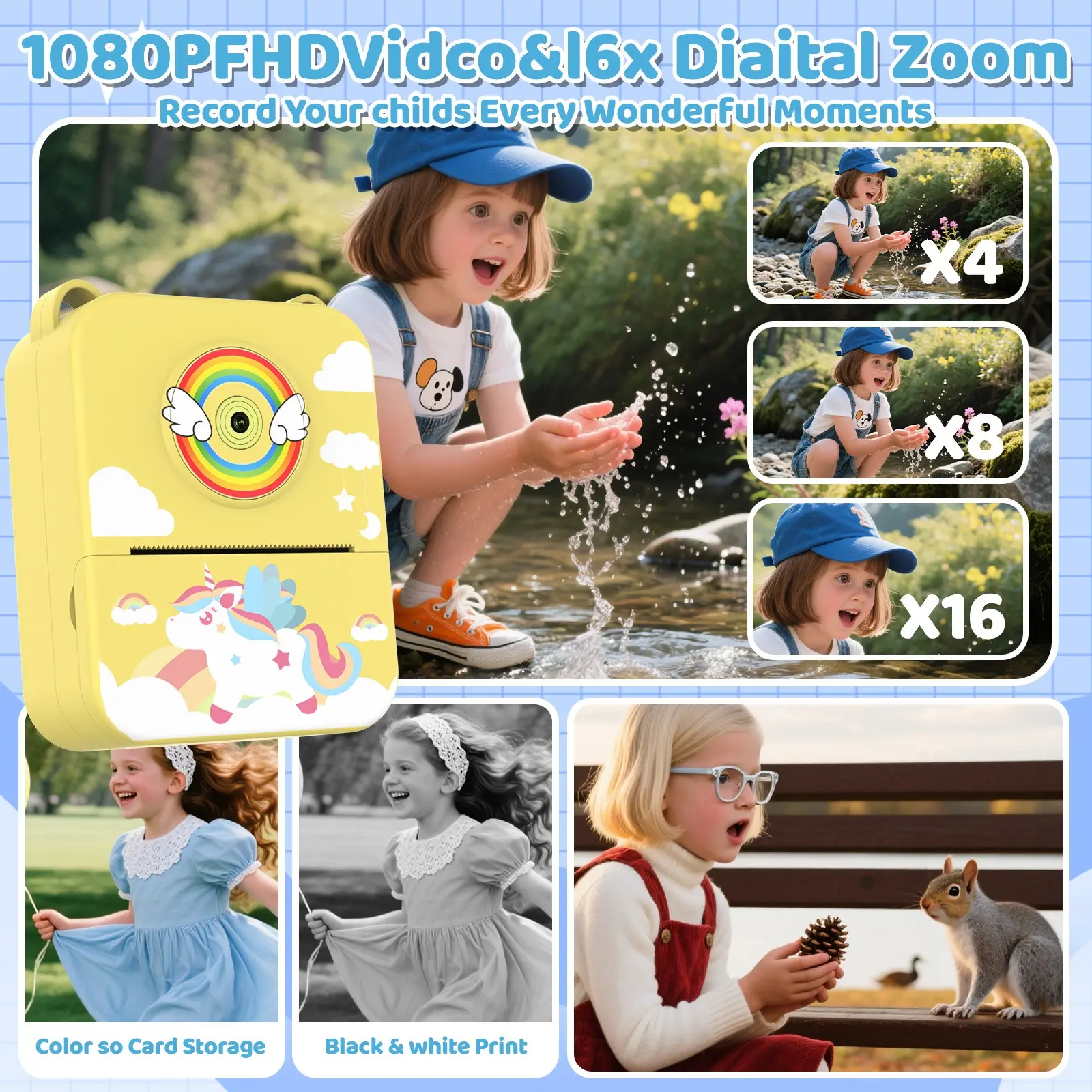 Kids 7.11 Cm Dual Lens Instant Print Toy, No Ink, Supports Photo Printing, Mp3 & Game, Perfect for Birthdays, Halloween, Christmas Gifts
