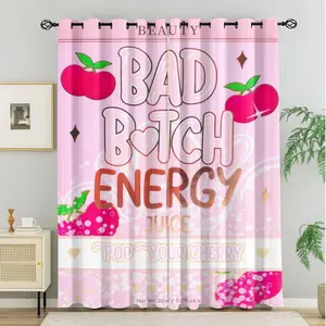 2Pcs Pink Cherry “Bad Bitch Energy” Printed Blackout Curtains, Eye-Catching Slogan Decoration, Easy to Install and Washable, Completely Blackout and Uv Protected, Suitable for Decorating A Girl'S Bedroom, Study, Dormitory, or Dressing Room.
