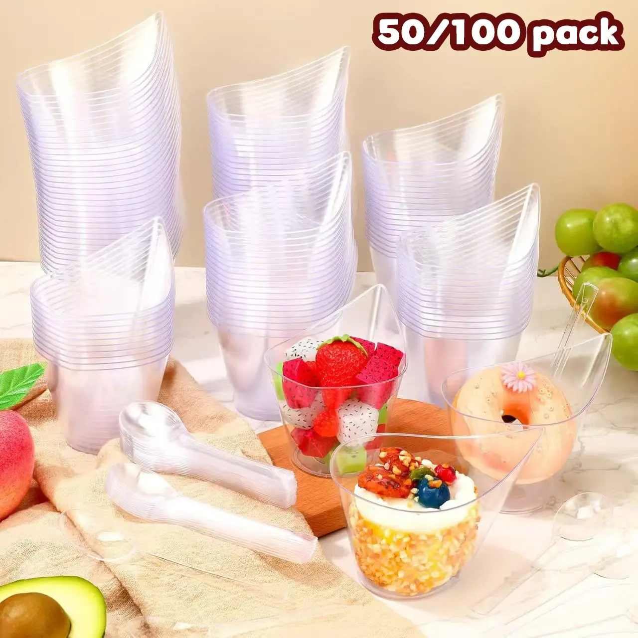 50/100Pcs Dessert Cups with Spoons, 7.5 Oz Clear Food Grade Plastic Shooter Cups for Appetizers and Parfaits, Ideal for Gatherings, Parties & Weddings, Party Supplies, Disposable Cups, Disposable Products