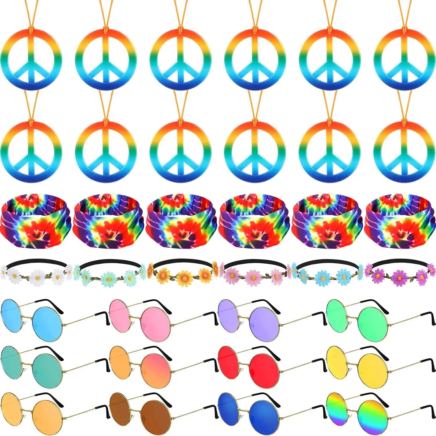 36/72/108 Pcs Hippie Costume 60s 70s Peace Necklaces Daisy Headband Retro Sunglasses Tie Dye Headband for Men Women