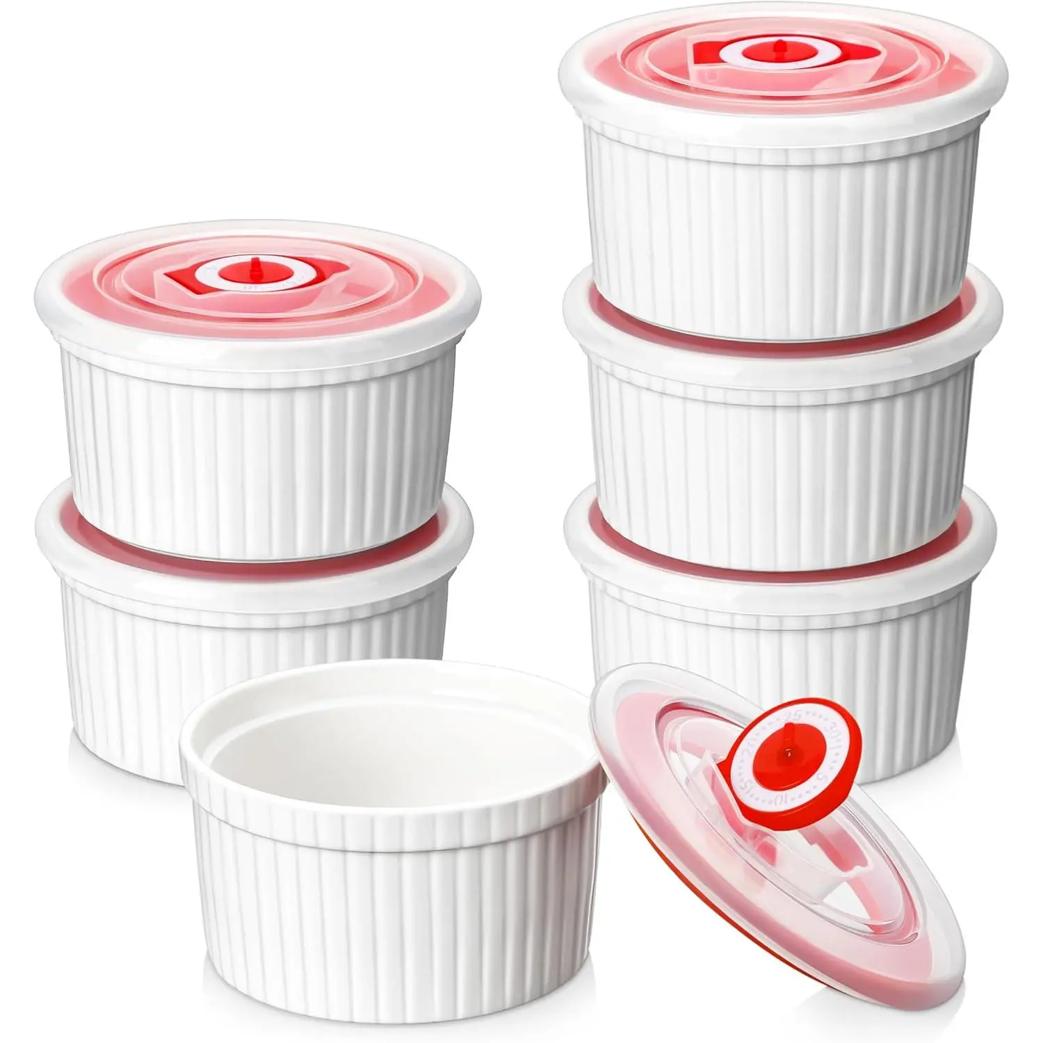 Ramekins with Lids 8 oz - Set of 6, White Porcelain Creme Brulee Souffle Ramekins with Covers, Ceramic Custard Cups for Baking, Dishwasher and Oven Safe, Series RAMEKIN-DISH