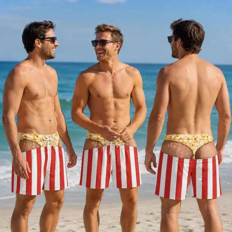 Funny Men Swim Trunks, Popcorn Hairy Butt Shorts, Custom Skin Colors, Red White Striped Beach Shorts, Gag Gift for Him, Bachelor Party Swimwear