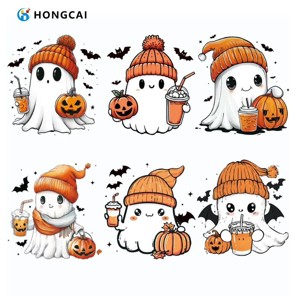 6Pcs Cute ghost and pumpkin cup heat transfer patches with bat and star elements. Perfect as festive DIY decorative appliques for T-shirts and hoodies.