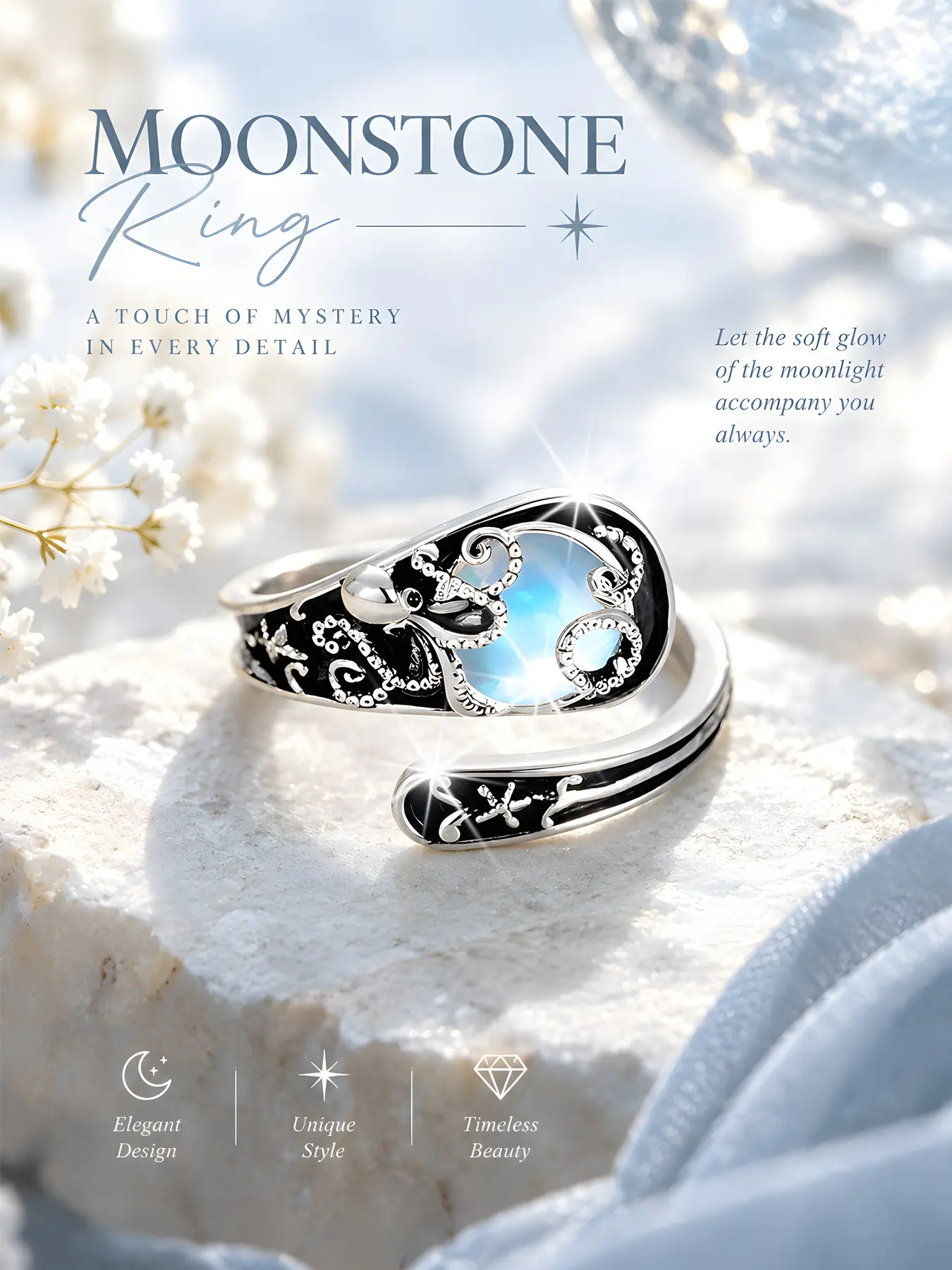 Women's Boho Moonstone Ring, Open Ring, Adjustable Hypoallergenic Fish Spoon Design, Perfect for Parties, Gifts, Mother's Day, Valentine's Day, Boho Style Rings
