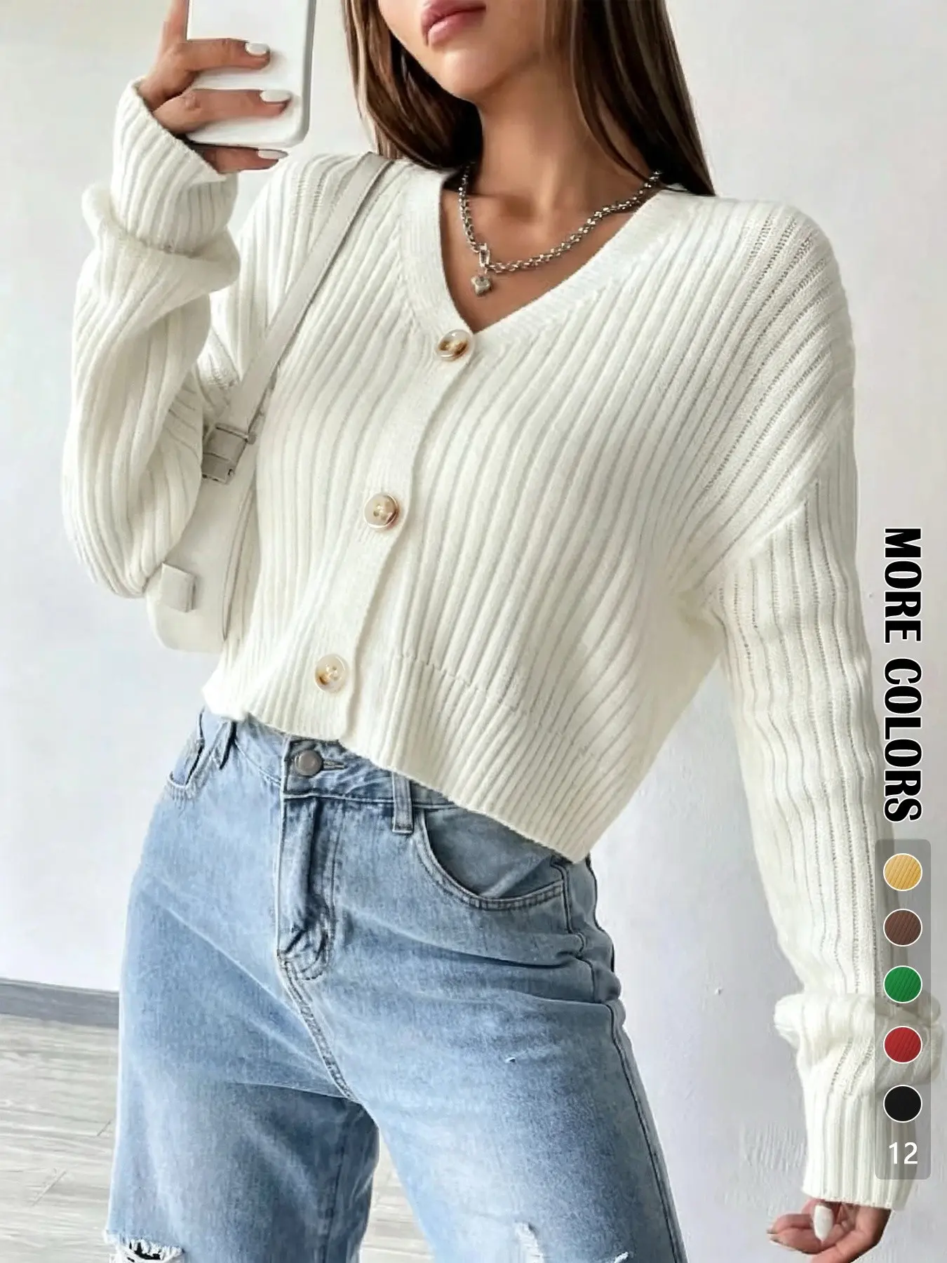 Women's Plain Button Front Drop Shoulder Cardigan, Casual Solid Long Sleeve V Neck Knitwear for Fall & Winter, Women's Clothing for Daily Wear