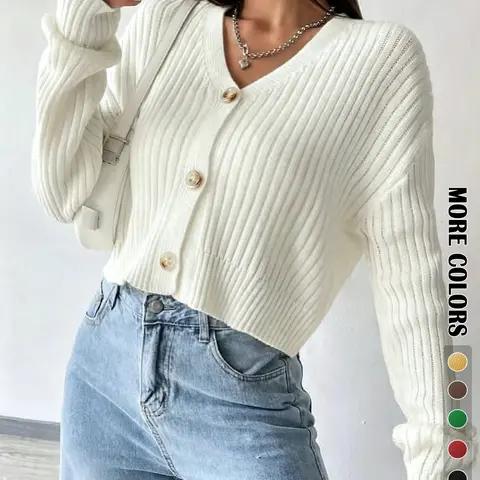 Women's Plain Button Front Drop Shoulder Cardigan, Casual Solid Long Sleeve V Neck Knitwear for Fall & Winter, Women's Clothing for Daily Wear, Tops