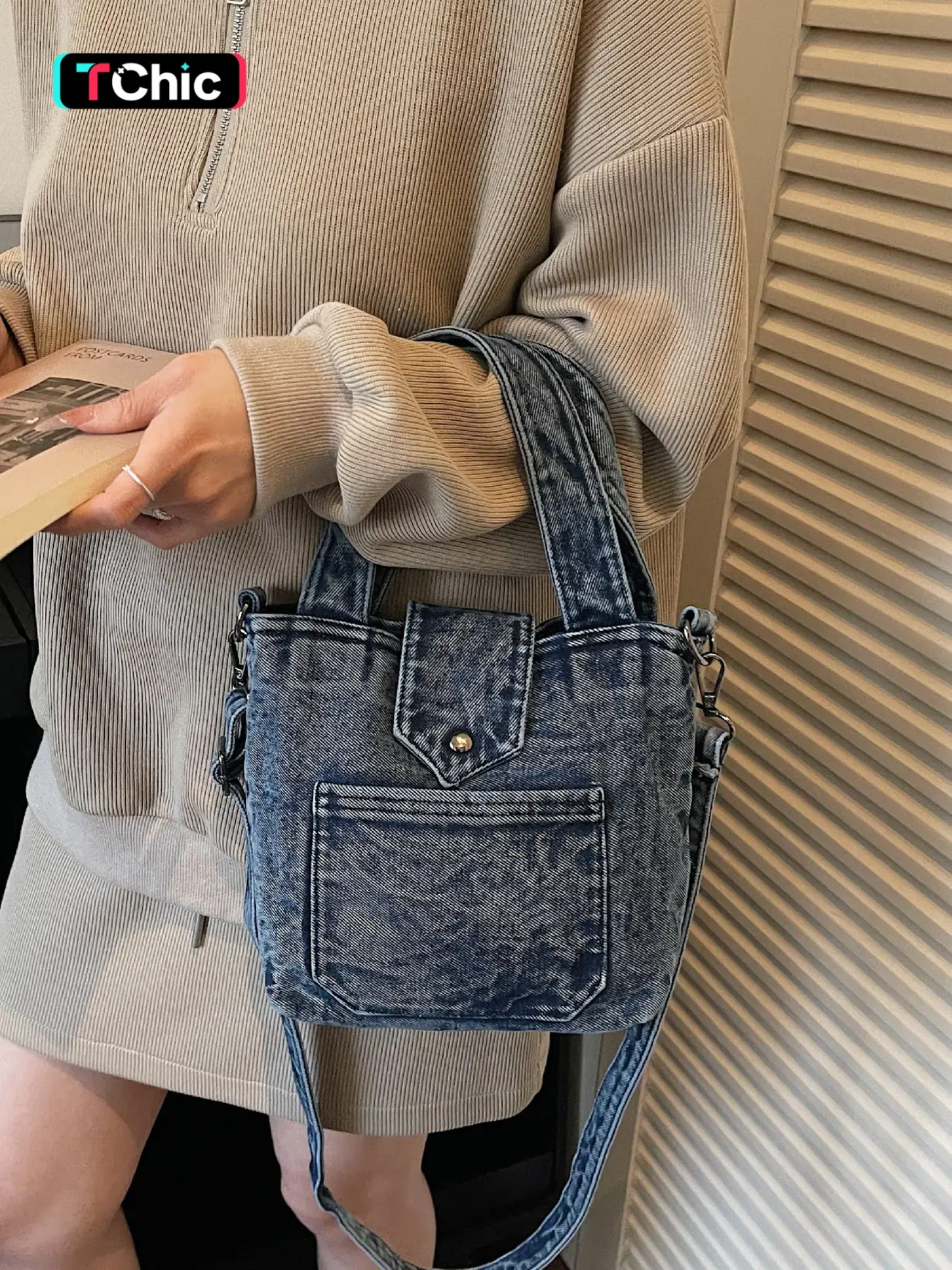 Washed vintage denim mini handbag; flap snap button anti-theft design; dual-strap for hand-carry and crossbody; wear-resistant soft denim fabric; style afternoon tea cafe-hopping mini crossbody bag; Durable Handbag