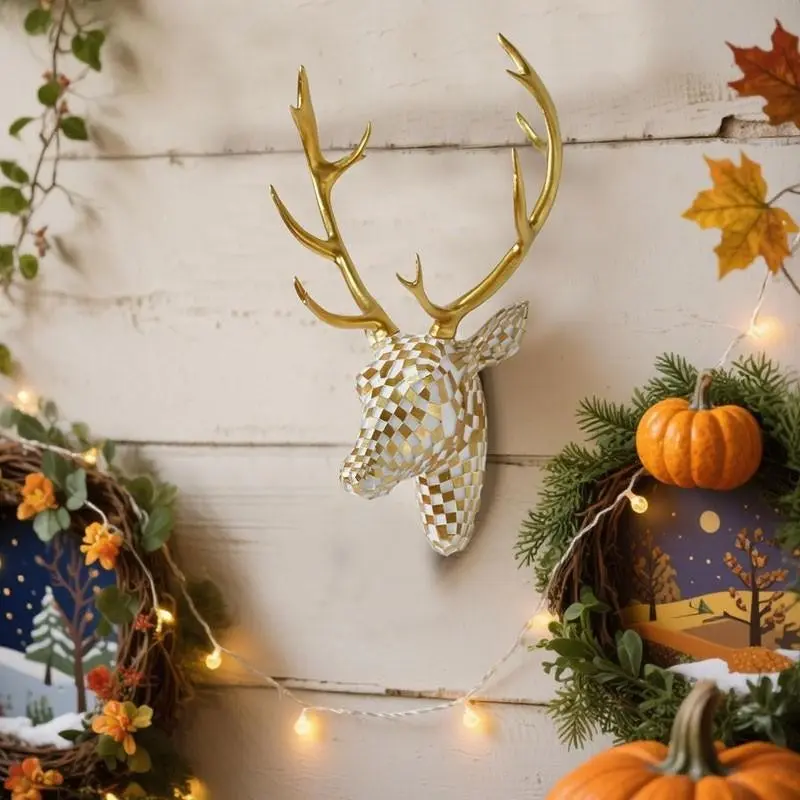 A resin mosaic deer head wall decoration, a simple style resin animal head sculpture for walls, Halloween and Christmas home decoration, suitable for decoration in living rooms and offices, deer-themed home decoration