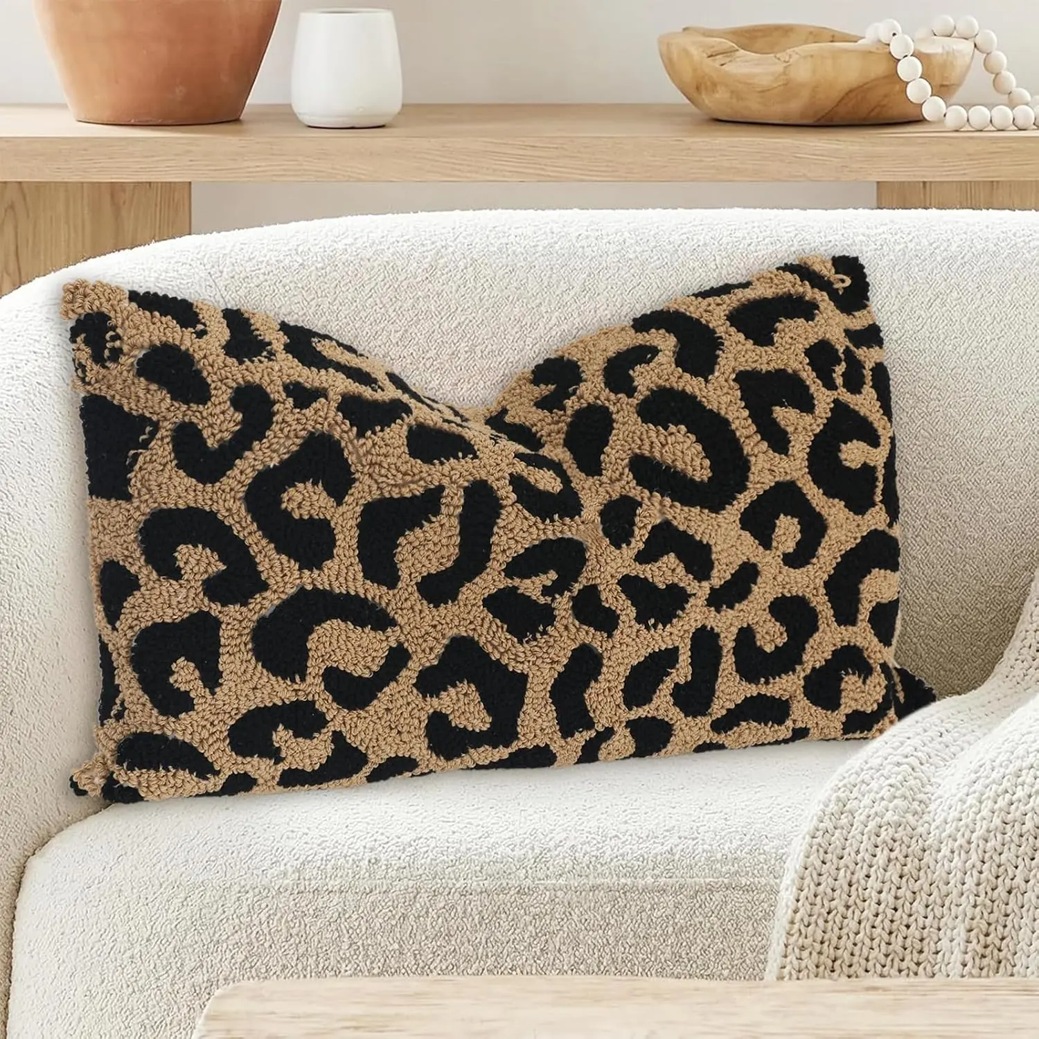 Leopard Print Tufted Throw Pillow Cover, 12x20 in Brown Black Animal Motif Rectangle Cushion Cover with Reusable Zipper for Farmhouse Sofa Decor