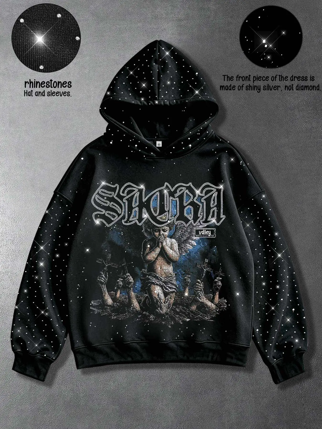 Praying Angel Gothic Floral Print Rhinestone Unisex Hoodie, Goth Streetwear, Y2K Retro Religious Portrait Print, Full Rhinestone Silver Glitter Design on Hood, Sleeves, Front and Back, Fleece Loose-fitting Street Style for Autumn/Winter
