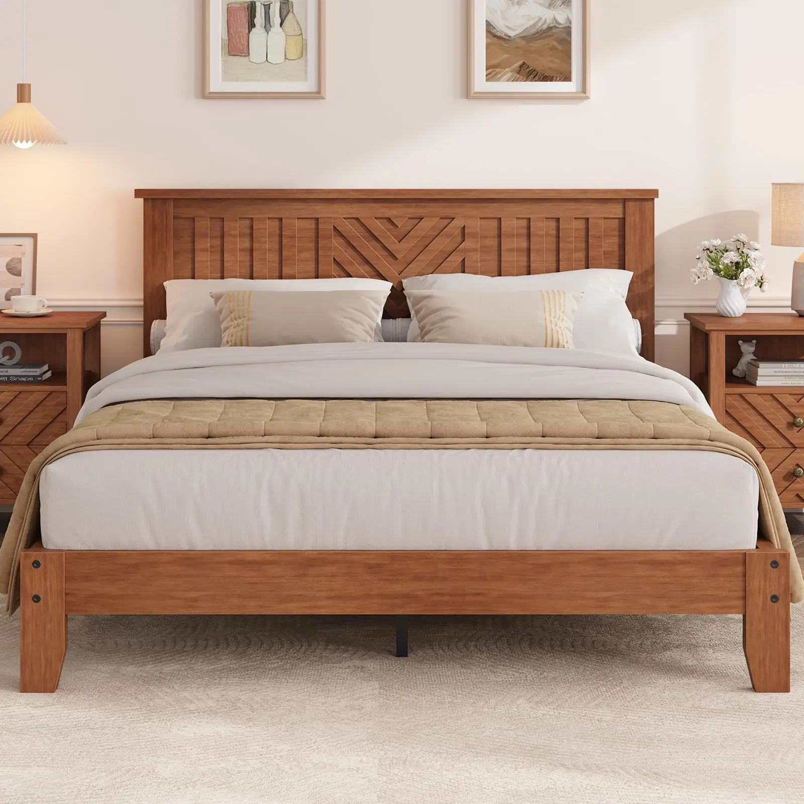 Queen Platform Bed – Wooden Frame, V-Pattern Headboard, Slat Support – Noise-Free, Under-Bed Storage – No Box Spring, Easy Assembly – Light Brown