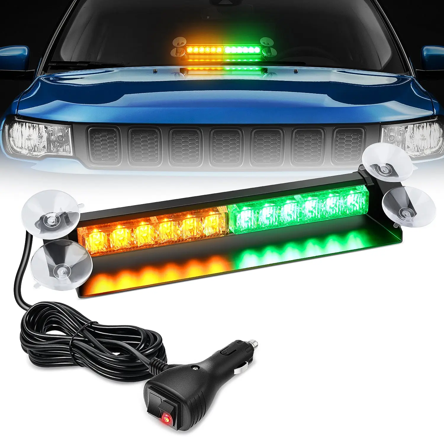 Nilight 12-LED Traffic Advisor Strobe Light Bar, 12-24V DC Aluminum Suction-Mount, Amber-Green Emergency Warning Lights for Law Enforcement, Firefighters’ Cars, Trucks, Plow Vehicles (Dash/Front-Rear Windshield)
