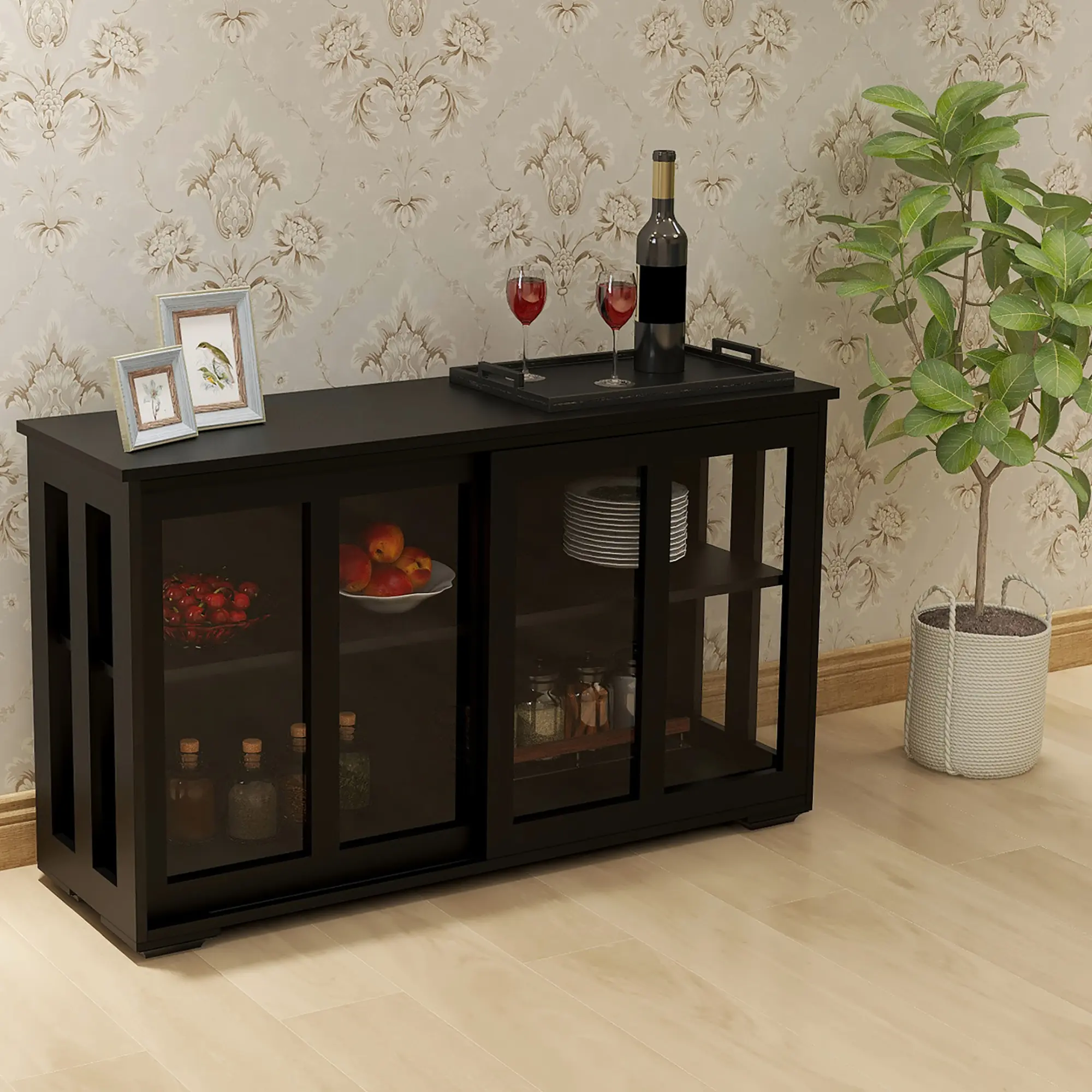 ARCH Black Freestanding Kitchen Storage Stand Cupboard with Glass Door Display, Shelves, No Installation Required, for Kitchen, Dining Room Organization, Single Door Home Furniture for Dishes, Glassware, Cookware