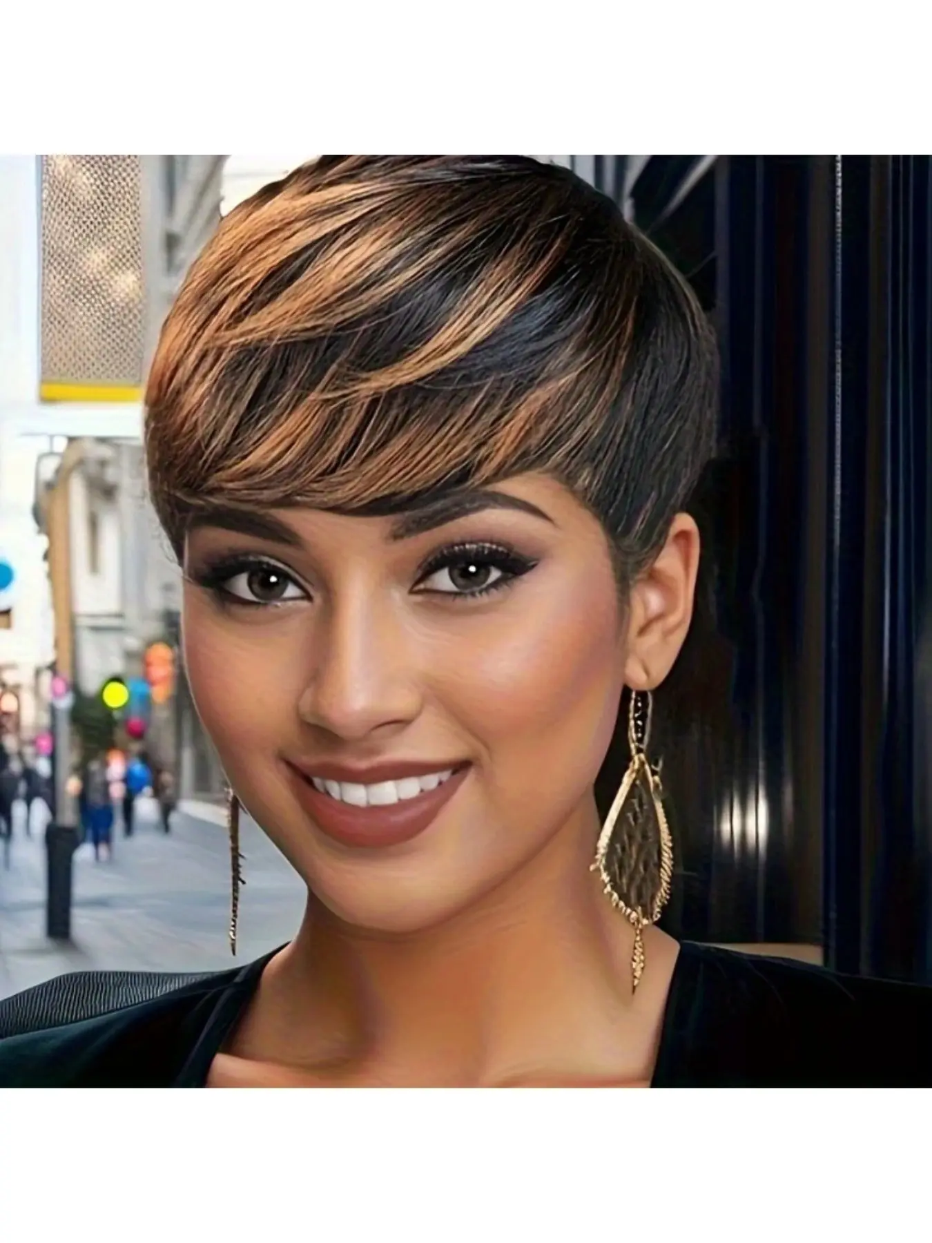 1B/30# Short Pixie Cut Human Hair Wig for Black Women Natural Black Layered Wig with Bangs Glueless Wear & Go Soft Volume Brazilian Virgin Hair Daily Wear Brazilian Hair Wigs
