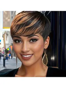 1B/30# Short Pixie Cut Human Hair Wig for Black Women Natural Black Layered Wig with Bangs Glueless Wear & Go Soft Volume Brazilian Virgin Hair Daily Wear