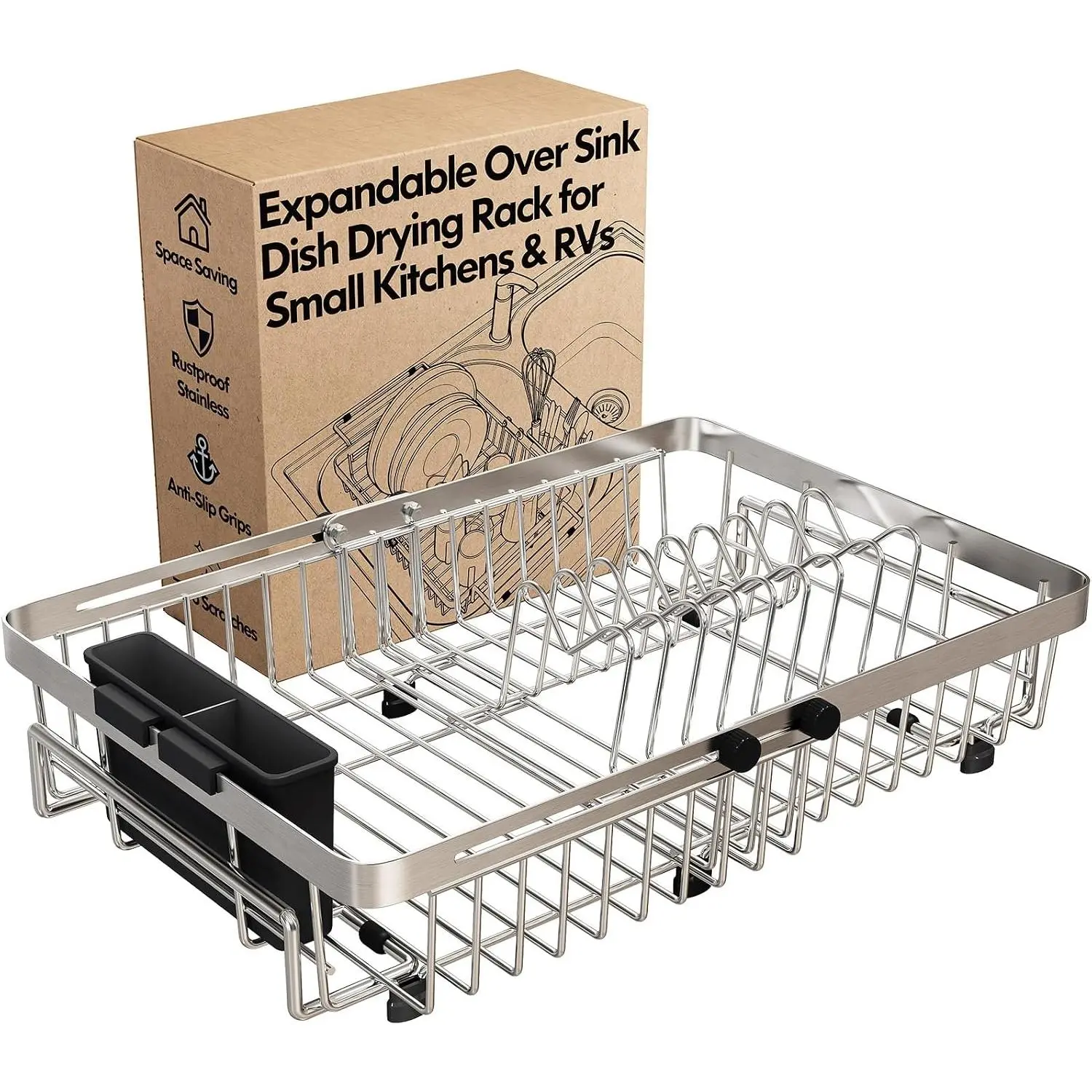 Dish Drying Rack Over The Sink with Utensil Holder| Expandable Stainless Dish Drainer for Small, Apartment, RV, Counter Saving, Perfect Fit, Rustproof