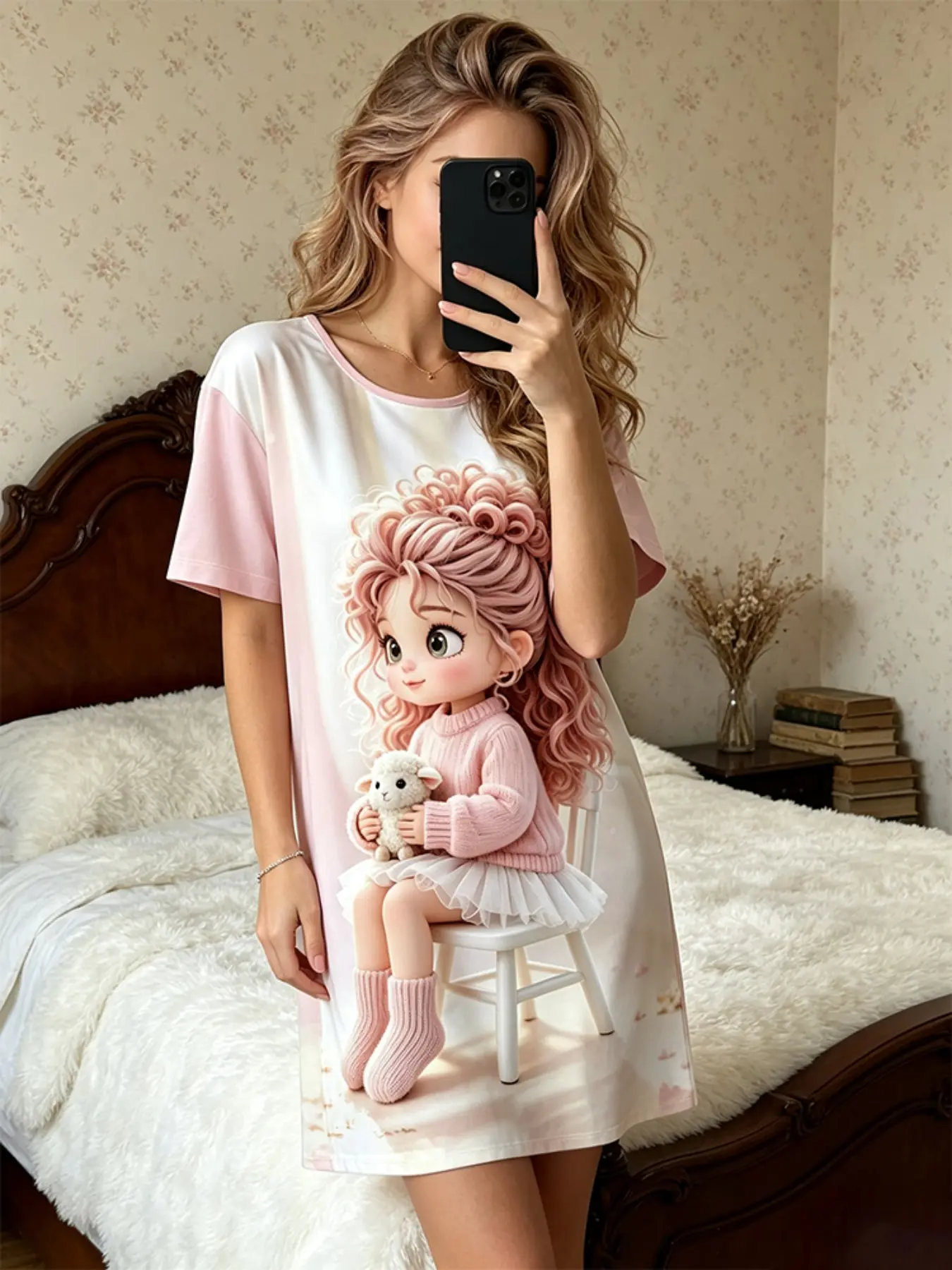 Women's Summer Pajamas 2026 Trendy Light 3D Cartoon Sheep Print, Soft Breathable Lightweight Skirt, Round Neck Short Sleeve, Loose Fit Comfortable Homewear