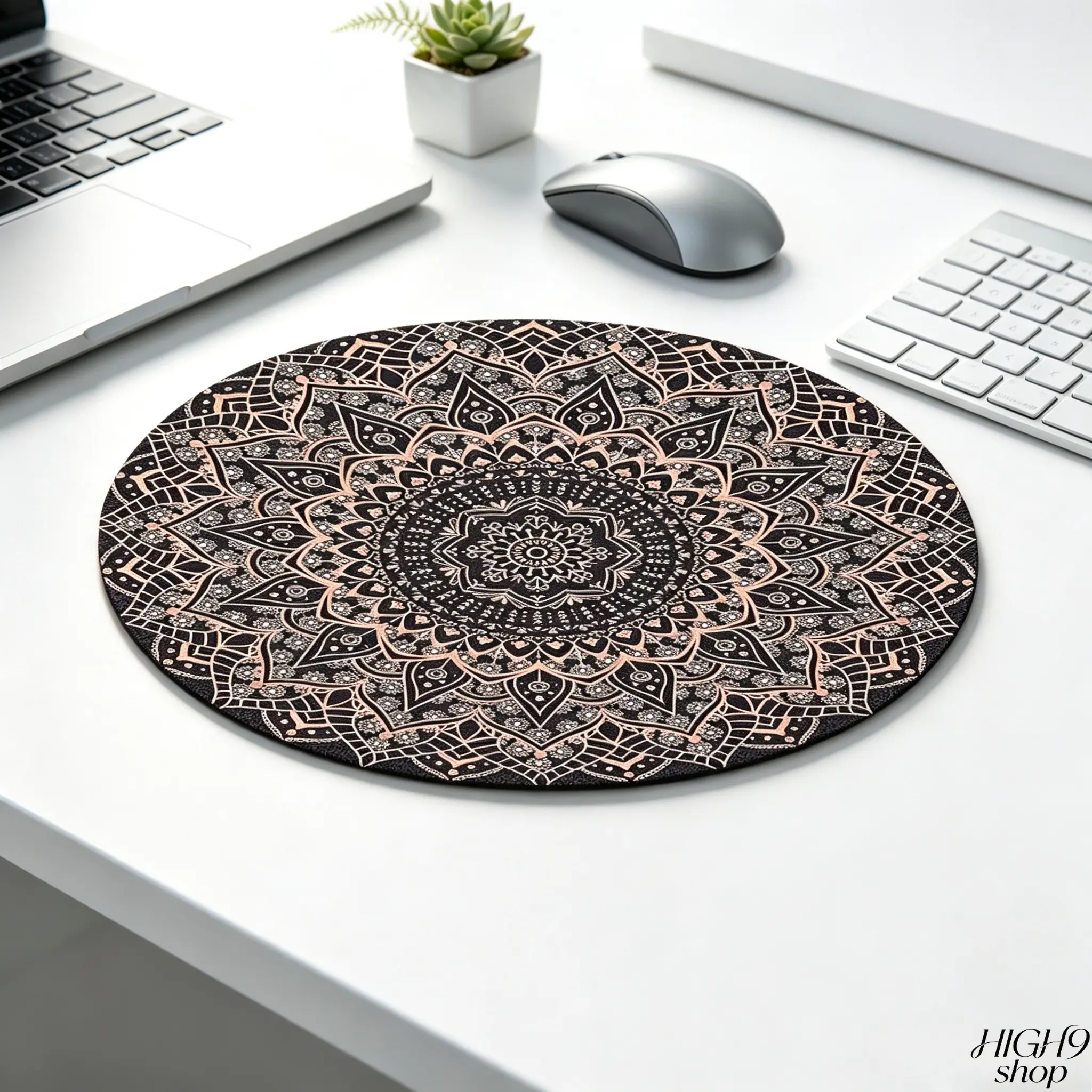 Round Rose Gold Mandala Pattern Mouse Pad, Stitched Edge Non-Slip Rubber Base, Smooth Surface Small Desk Mat for Laptop Gaming Office, Decorative Desktop Accessory & Gift for Friends