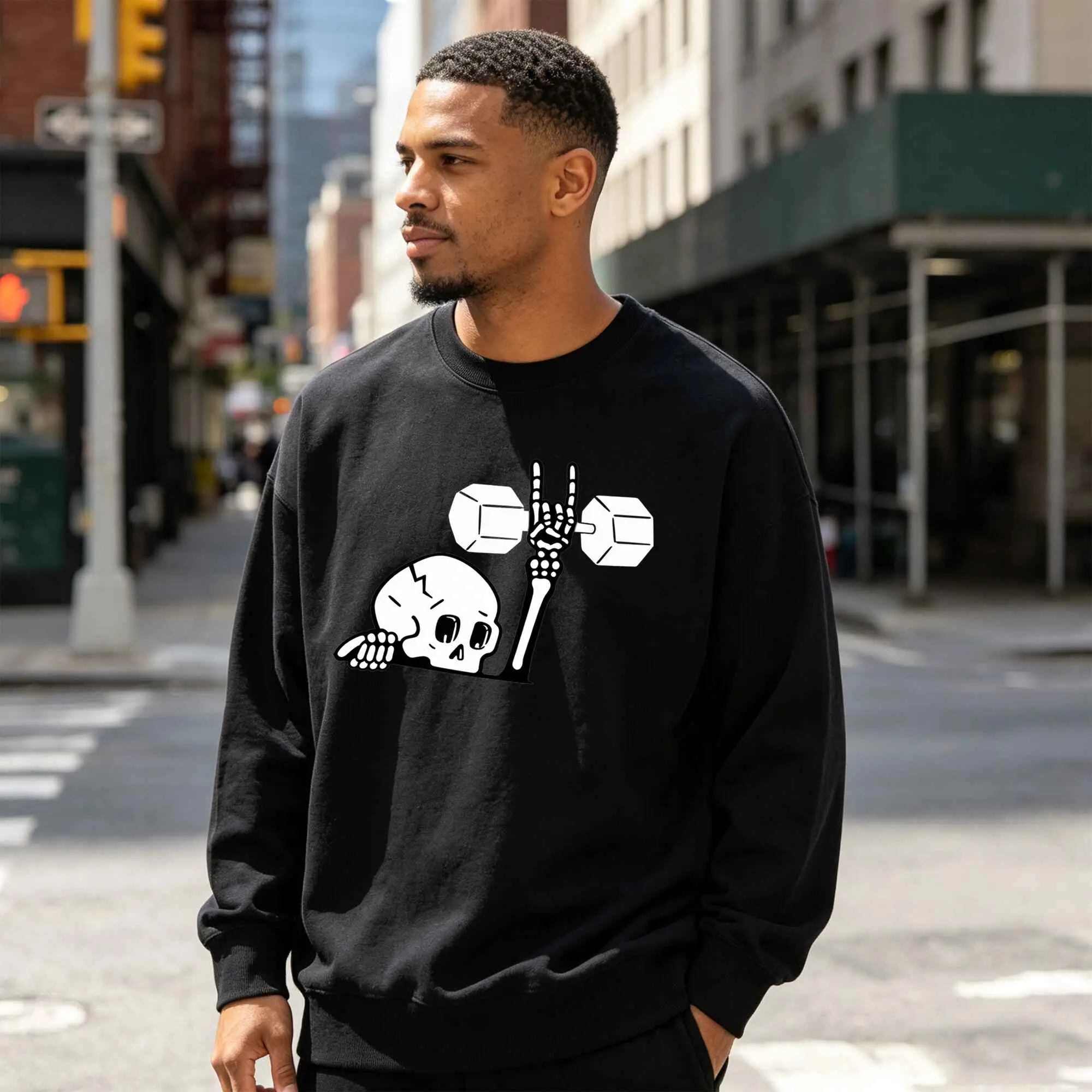 Men's Classic Cotton Breathable Relaxed-Fit Skeleton Dumbbell Graphic Sweatshirt - Casual Black Long-Sleeve Gym Crewneck, Aesthetic Streetwear Workout Pullover