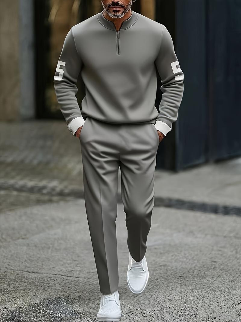 Business casual fashion men's digital printed sportswear set, featuring a street-style patterned digital half-zip sweater + pants, a two-piece men's outfit