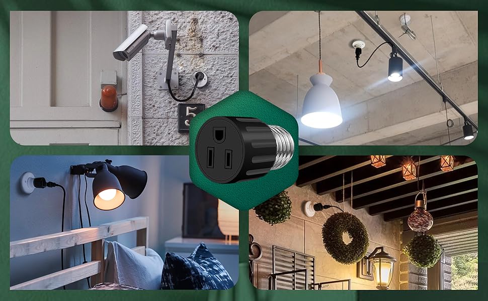 2 Pack 3-Prong Light Socket Outlet Adapter, E26/E27 Light Socket to Plug Converter, Polarized Light Bulb Plug Adapter for Garage, Camera, Porch, Professional Grade