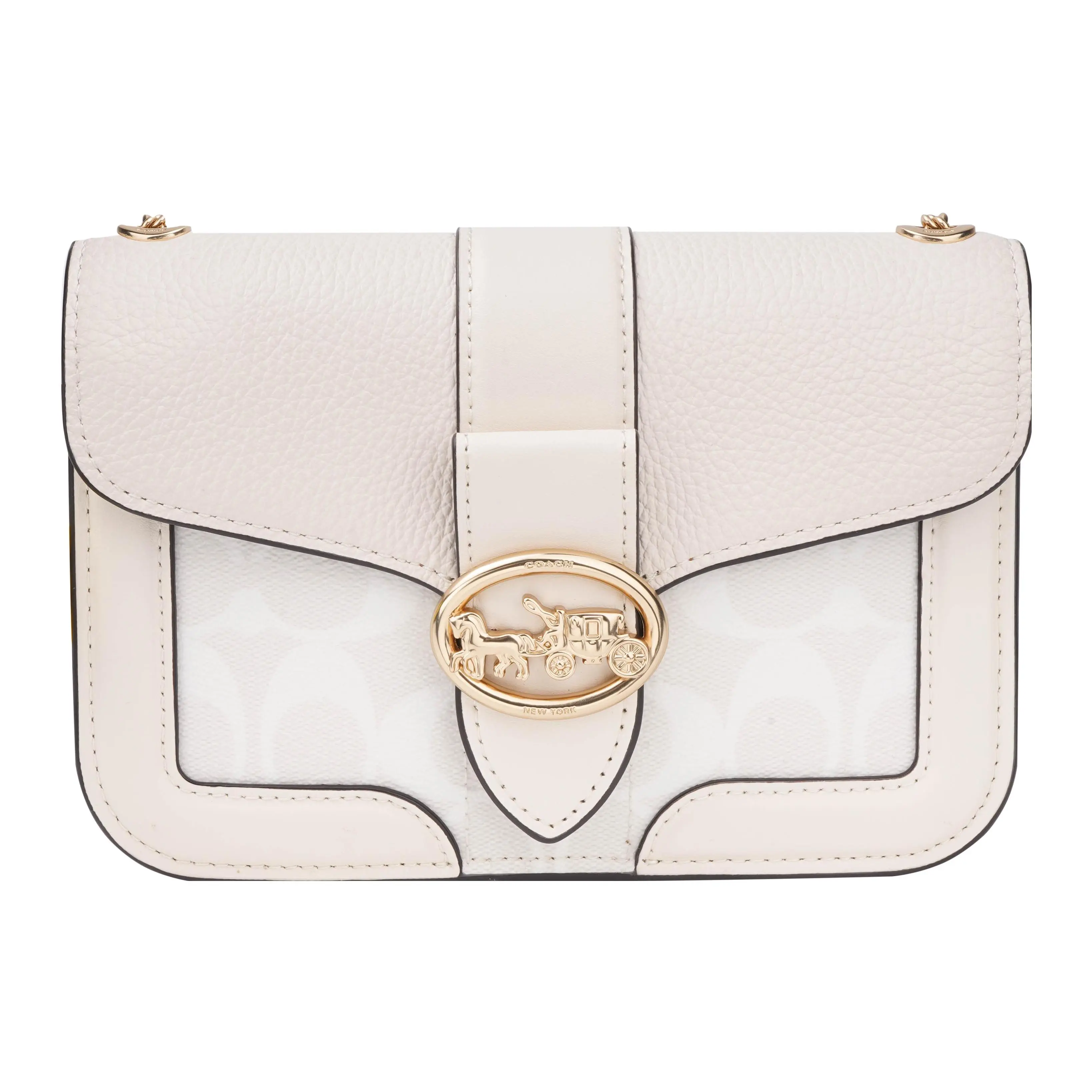 COACH Georgie 19 Saddle-Clasp Color-Block Chain-Strap Shoulder Bag for Women – Coated Canvas and Leather, Beige