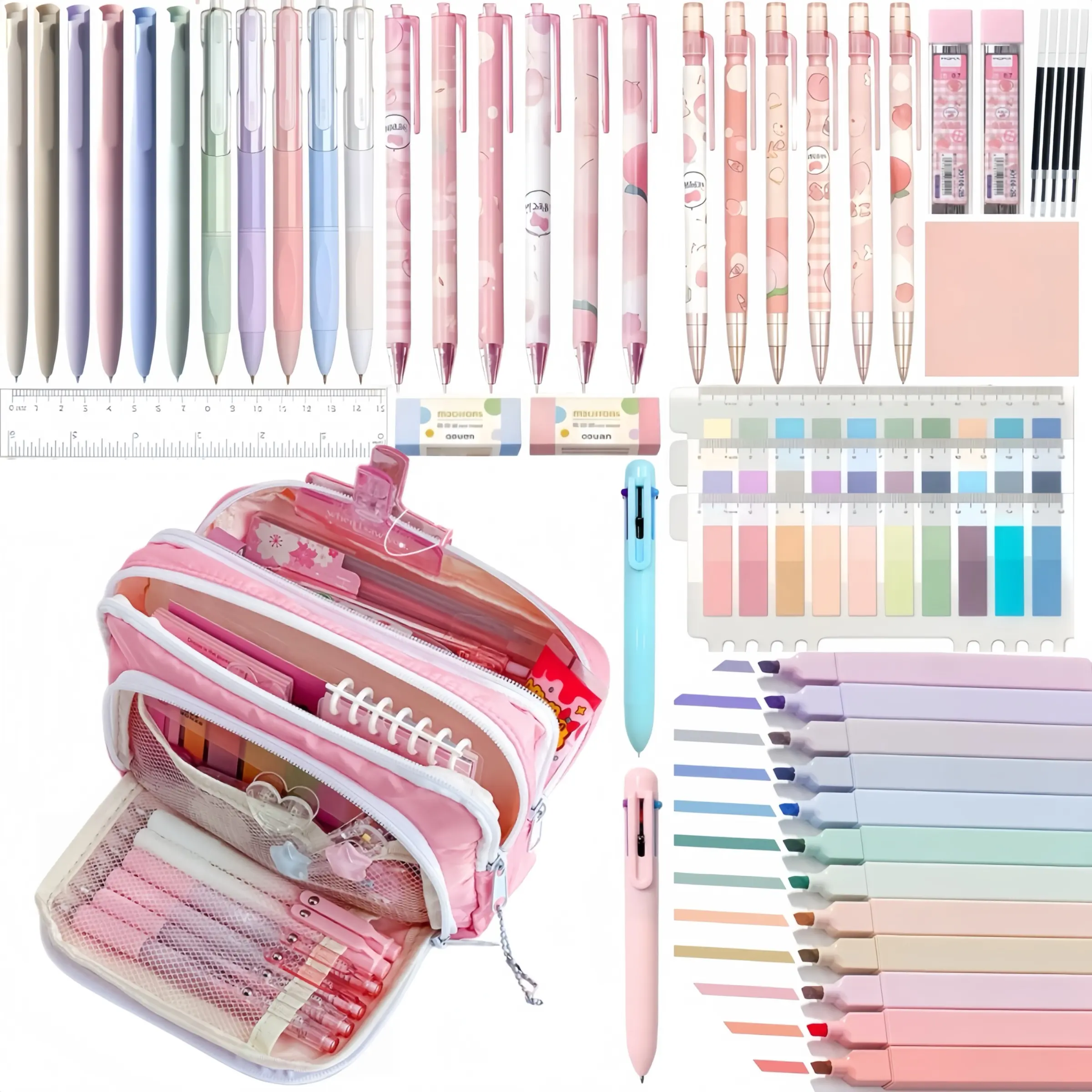 Morandi 52PCS School Supplies with Cute Pencil Case,12 Color Pastel Highlighter, 11 Gel Pens,Mechanical Pencils 0.5mm,with Lead Refills, for Writing,Erasers For Drawing.for Girls Boys Student Stationary Set Preppy Stuff.back to school. Cute Stationery Set